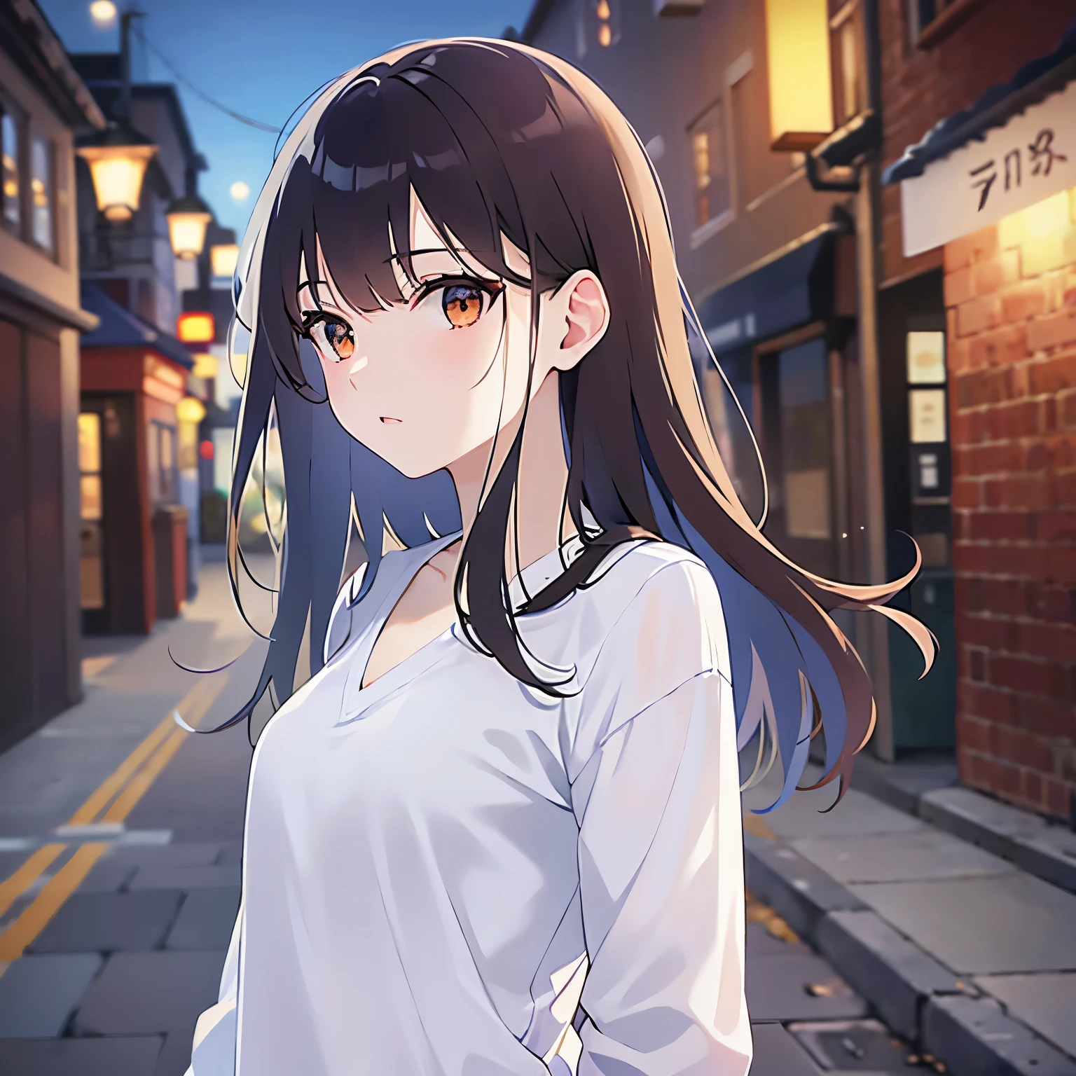 （looking away:1.5）,Upper Body, 
 Realistic, real person, (pale skin: 1.2), RAW photo, photorealistic, shiny skin, shiny hair、
(A 25-year-old woman with medium-length hair and bangs) and (wavy hair) and (brown hair) and (orange eyes) 、
frown, Wearing a white V-neck long sleeve 、The background is a back alley at night、（Night Sky：1.5）