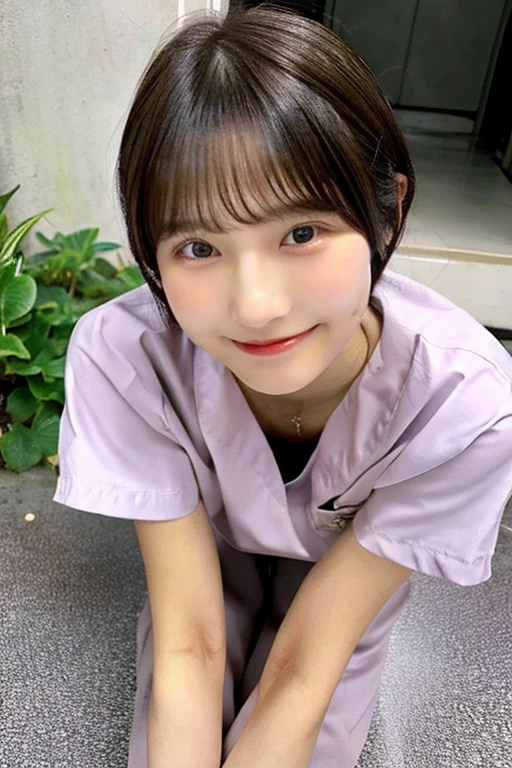 18-year-old,bangs,a little smiles,thighs,knees,crotch,short cut hair,low ponytail,from below , Crawling on all four , face close-up , nurse