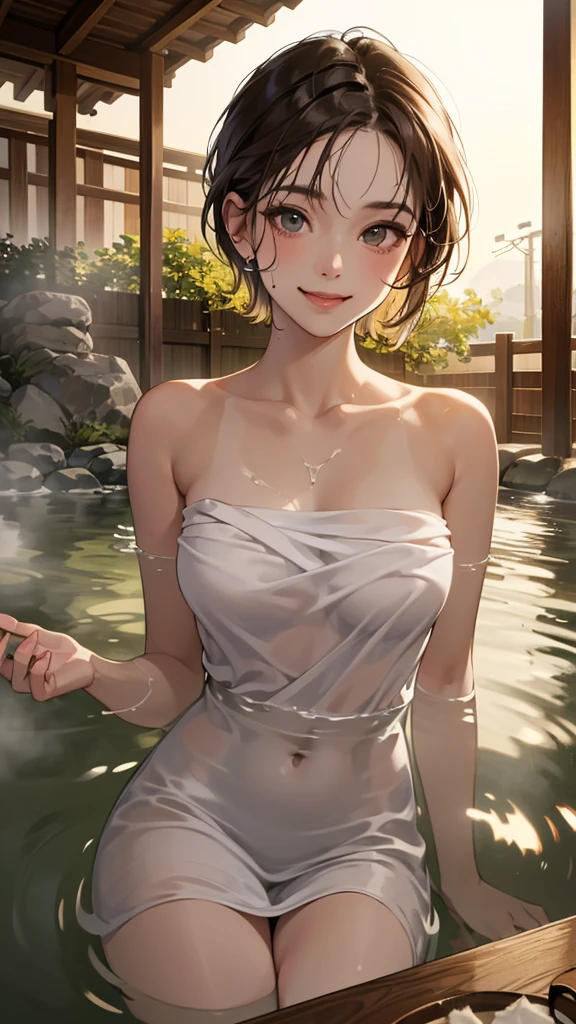 (perfect anatomy:1.2)(absurdres, highres, ultra detailed),masterpiece,best quality,high resolution,8k,Realistic face,Realistic skin texture,magnified textures, stunning clarity,detailed anime girl,(ultra detailed eyes and face),,black hair,(single bun),pale skin,Japanese shrine maiden, mysterious eyes,(She hides her body with a white bath towel),thin body type,big breasts,small ass,(expressionless:1.2).(onsen:1.5) in Steampunk in the Edo Period、(Vivid hieroglyph signs and street advertisements:1.2)、sautumn、hieroglyph,look at far away,,Delicate atmosphere、sitting,midnight,Fantasy