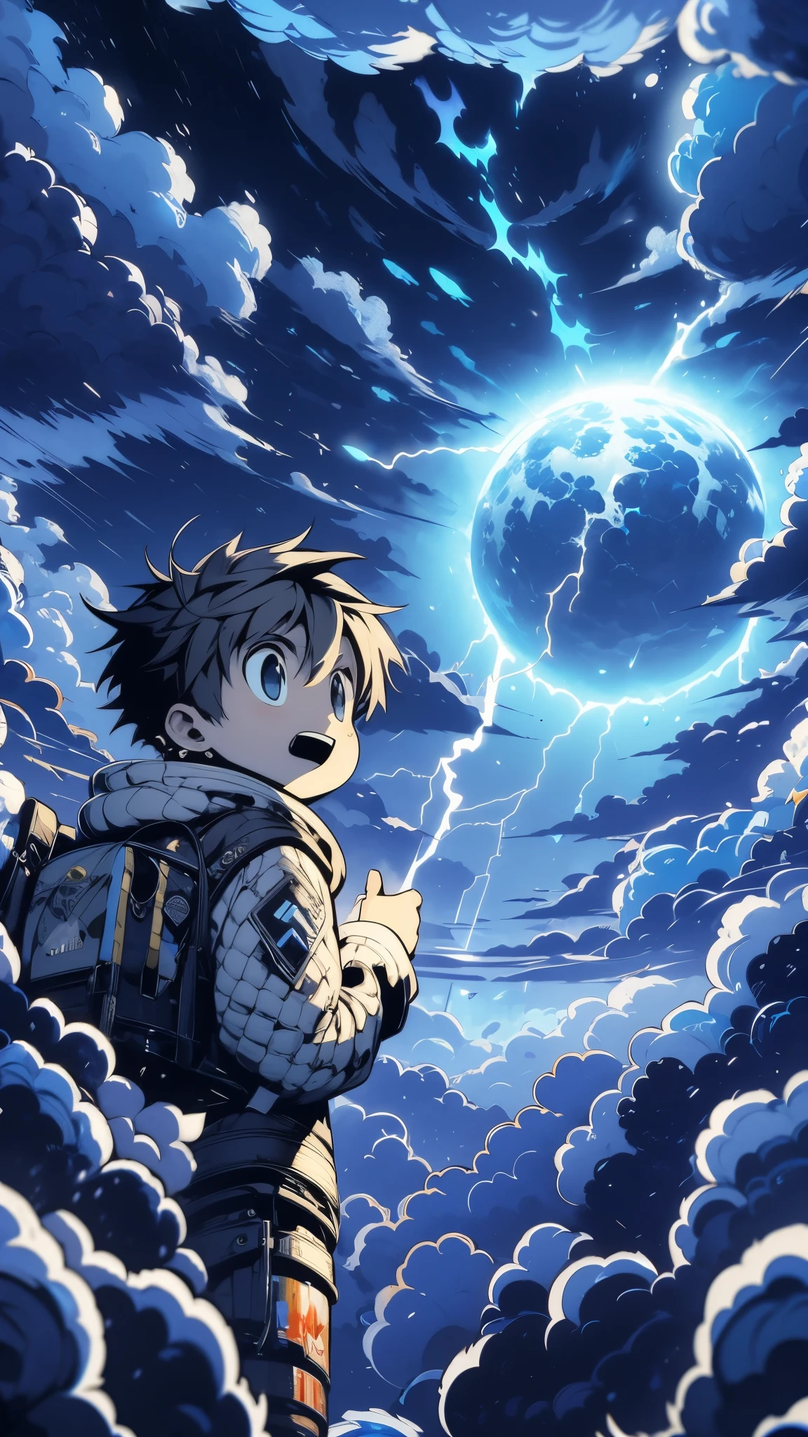 A teenager boy, illuminated by the light of their high-tech device, looks up in shock at the sky where a massive frozen planet hovers. The atmosphere is charged with the intensity of an approaching storm, dark clouds roiling and lightning dancing across the scene, fantasy world, dark background, clean design, epic, artstation, colorful paint splatter, silhouette, hyper detailed intricate details, unreal engine, fantasy, splash screen, complementary colors, deviantart masterpiece, oil painting, heavy strokes, paint dripping, indifferent expression