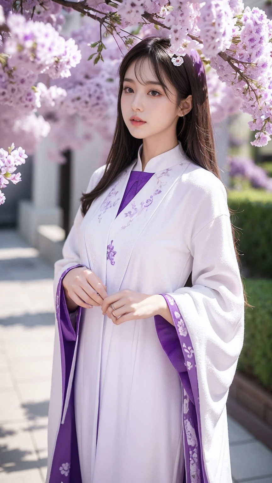 The combination of purple and white can show an elegant and fashionable feeling。Purple gives people a sense of mystery and nobility，White represents purity and simplicity。The combination of these two colors，It can highlight the charm of purple，The overall visual effect can be balanced through white。Patterns and textures：If you choose a solid color item，Try adding some patterns or textures to add a touch of style.。For example，Purple clothes with white patterns，Or purple veins on white clothes。