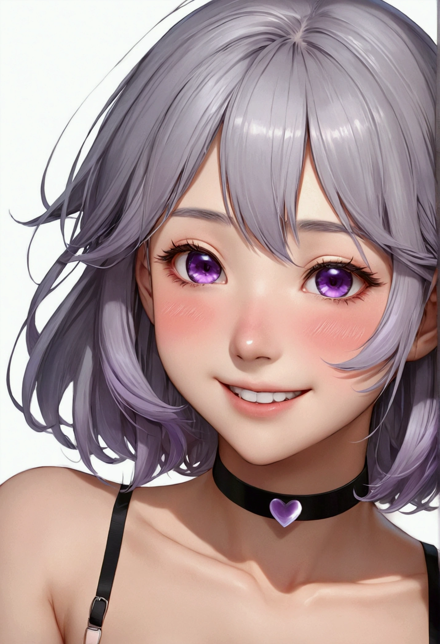 One Girl,heart-shaped pupils,nail,Put your hands on your face,Gray Hair,Purple eyes,(blush:1.1),choker,Upper Body,trembling,Sweat,Sweatdrop,heart,(Speed Line:1.1),Mid-chest, ((Heavy breathing:1.3)), like, heart, Happy, smile，Ahegao，Sex，naked，like液，R18，Nipples