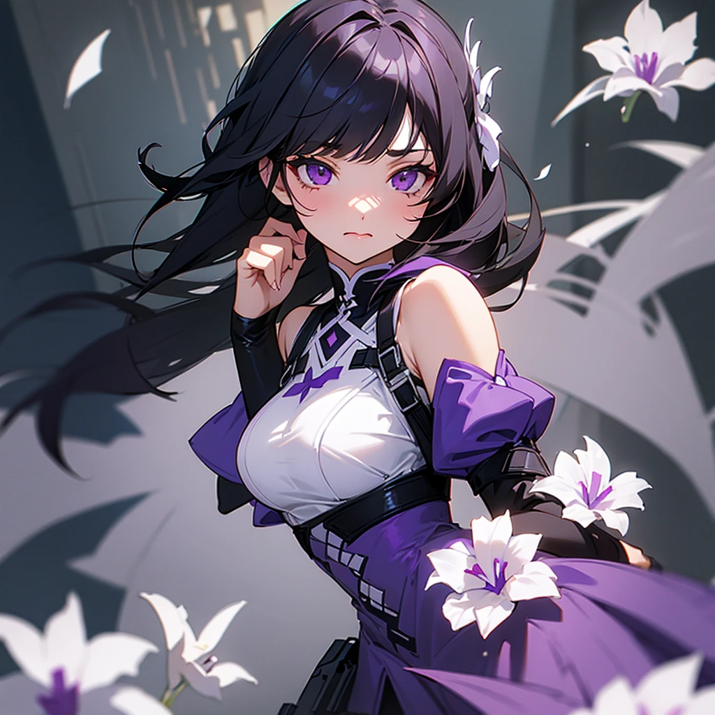 1 girl with black hair and purple eyes is wearing a violet dress with white flowers. She is at UA school