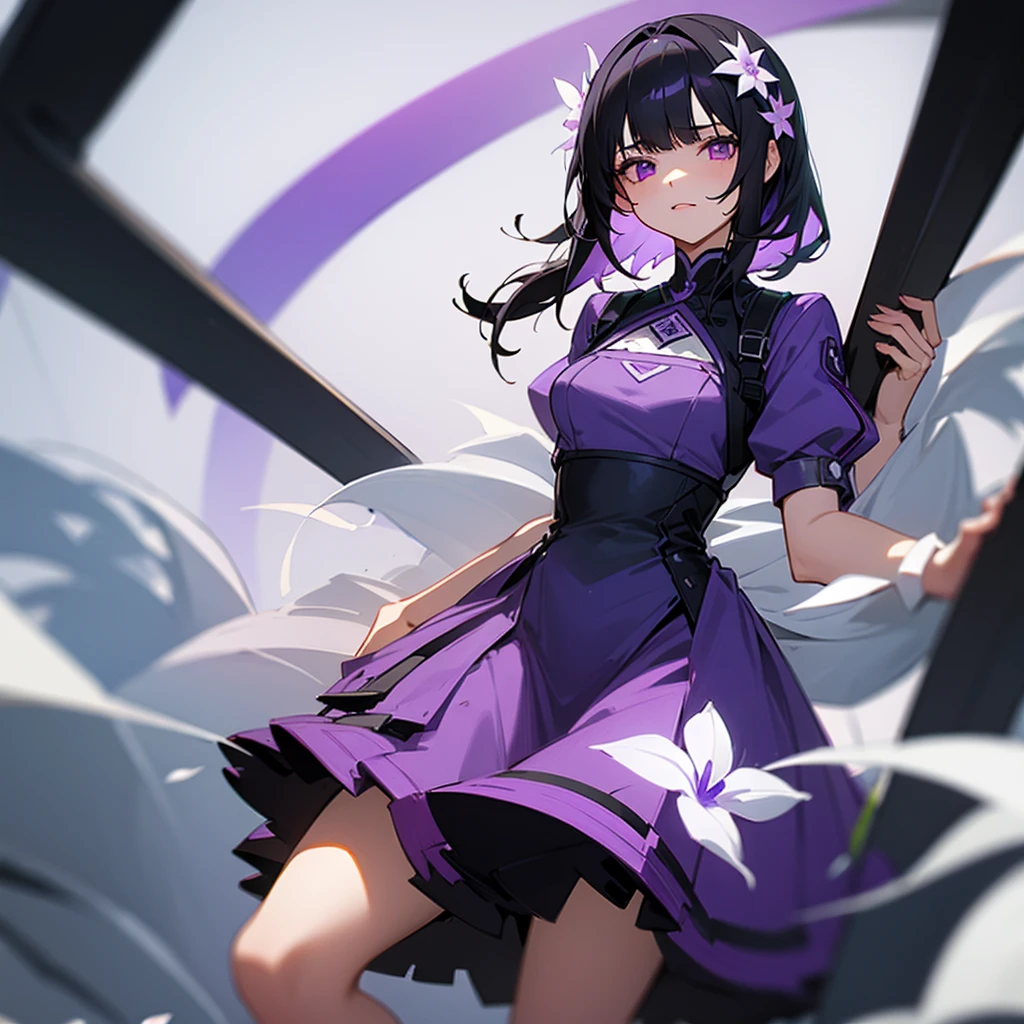 1 girl with black hair and purple eyes is wearing a violet dress with white flowers. She is at UA school