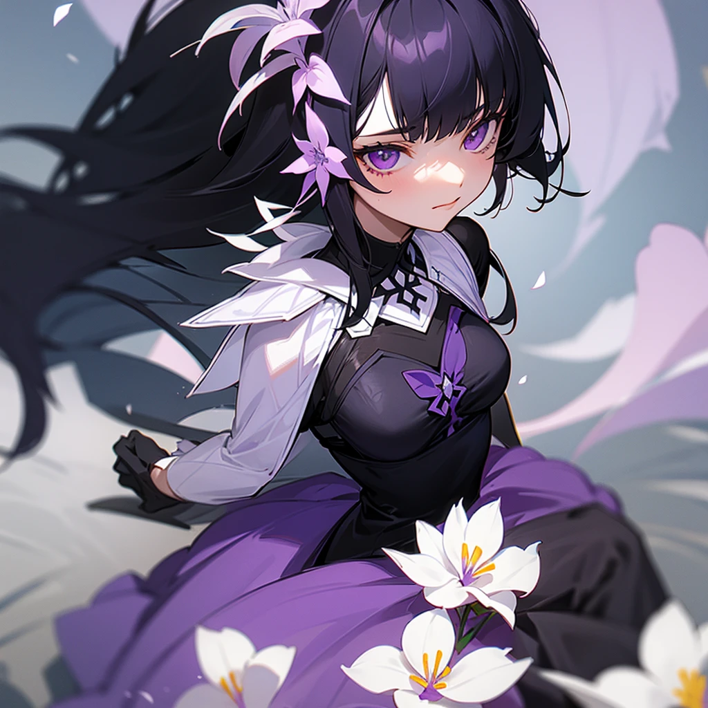 1 girl with black hair and purple eyes is wearing a violet dress with white flowers. She is at UA school