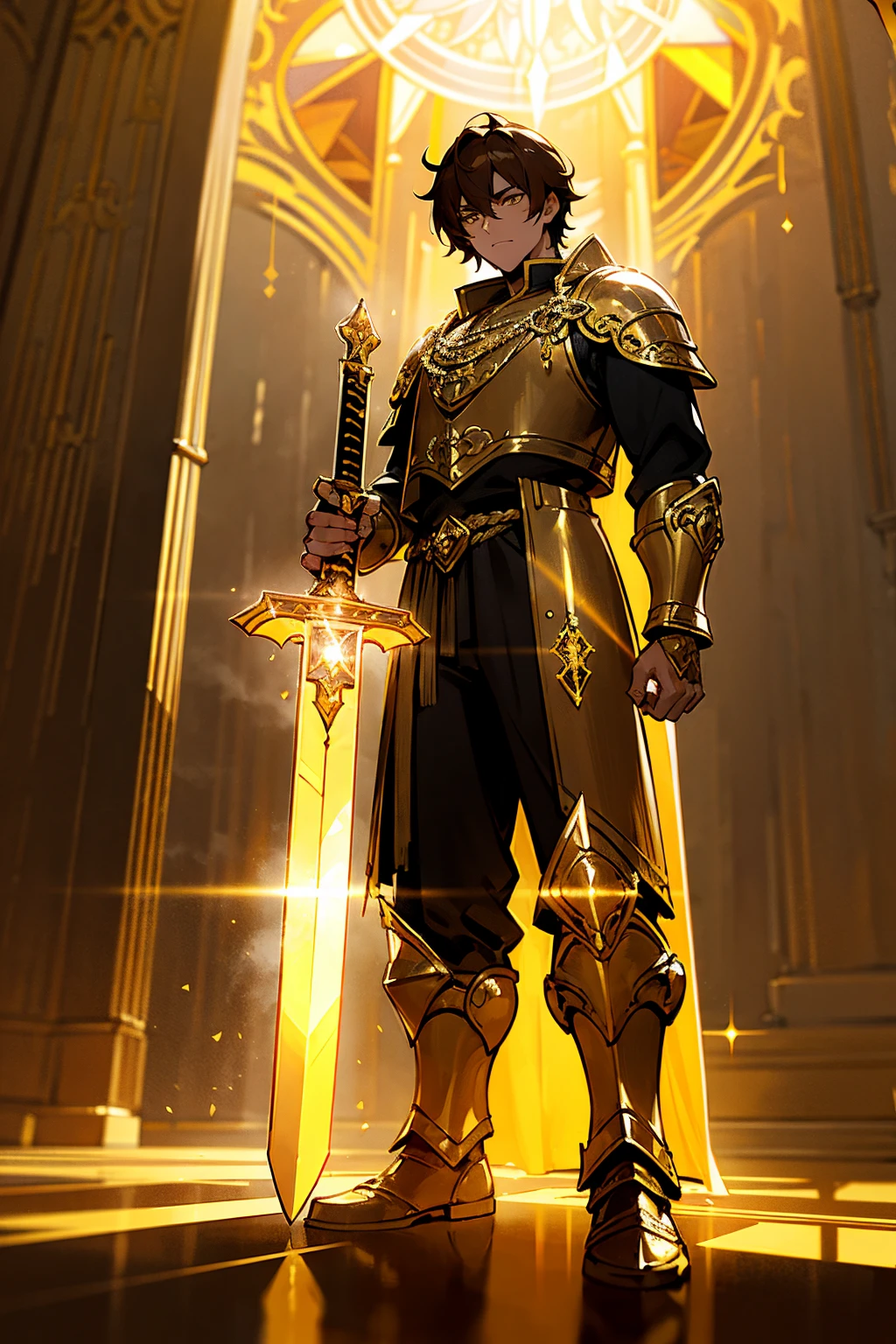 1 male, brown hair, amber eyes, paladin, golden armor with a lion emblem, holding a large sword, standing in a sacred temple, light streaming through stained glass, masterpiece, 8k, standing on path, highly detailed, hyper realistic, cinematic lighting, volumetric fog, ornate architecture, intricate details, dramatic pose, epic fantasy, rich colors, dramatic lighting