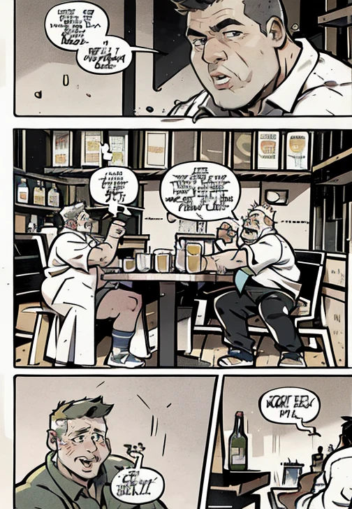 Only plump, chubby, extremely thick thighs, large belly, fat, age 55, two friends are at the bar drinking beer gesturing and talking sitting on the chair with beer bottles on their table , an environment with tables and other people sitting and talking , 4K, masterpiece.