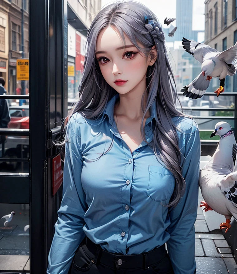 Woman with long hair straight, ((pigeon-blie hair color)), high detailed, realistic, ultra realistic, makeup face, ((pigeon-blue shirt)) and ((black skinny long pant))