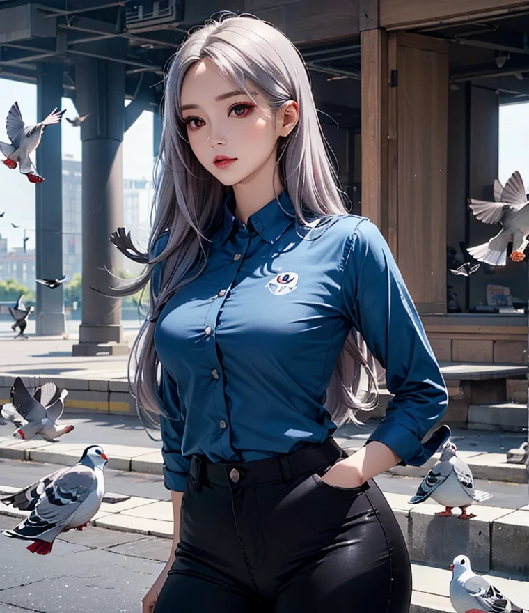 Woman with long hair straight, ((pigeon-blie hair color)), high detailed, realistic, ultra realistic, makeup face, ((pigeon-blue shirt)) and ((black skinny long pant))