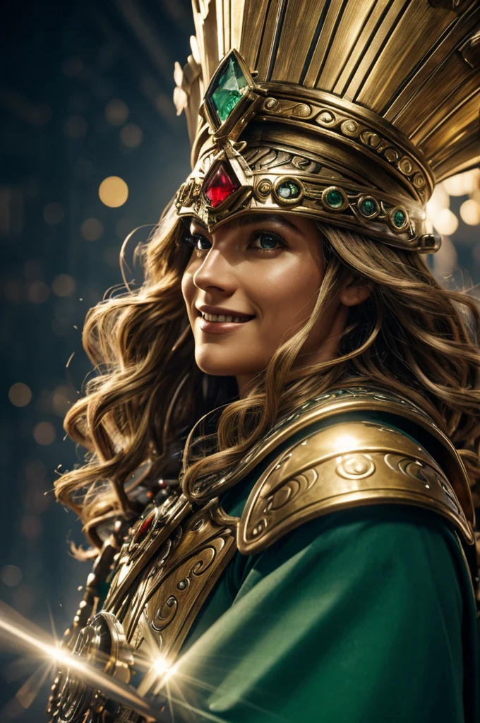 jojo support,stand Silver and jade green man covered in complex clockwork mechanisms and faceted crystals that refract light, a smiling mask, a black Cordovan hat with a red feather on the left side, Long golden hair , with golden highlights and golden armor., (8k, raw, Best Quality, masterpiece:1.2), ultra high resolution, ultra detailed , Professional lighting, Photon mapping, perfect lighting, bloom, cinematic lighting, rays of god