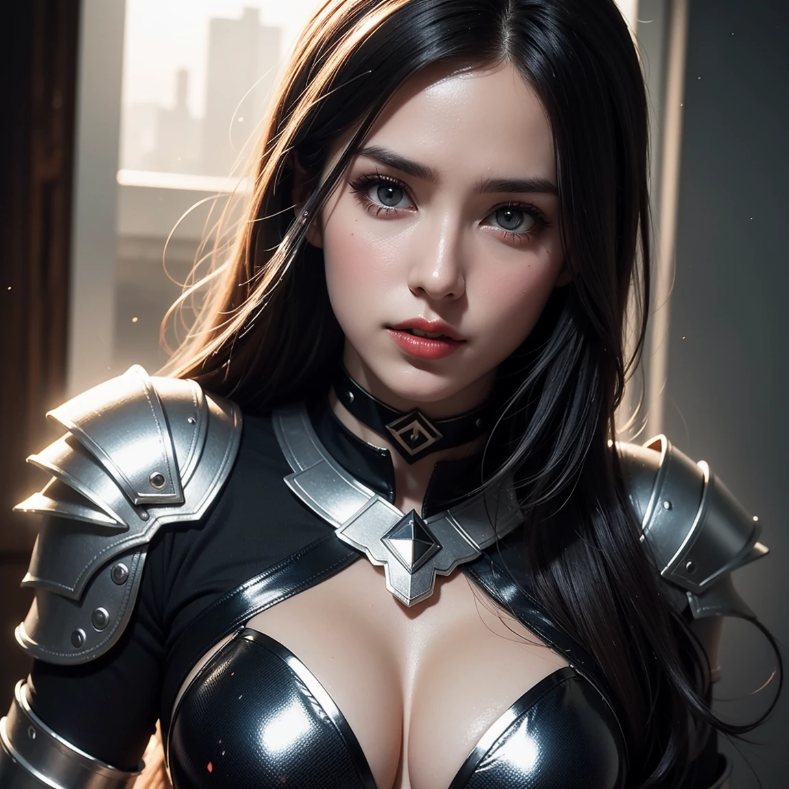 dark colored, photo-realistic, cheerful feminine cute face and beatiful eyes, high quality masterpiece, cinematographic scene, 4K resolution, american shot, of an attractive young fem silver Knigth with feminine Russian face features, posing epic battle, light skin, long straight luster soñver hair, fitted shiny black-metal light armor made of shiny black steel with silver details, honey lenses, dark makeup, eyeshadow and dark lipstick, sensual athethic body, black choker, highlighting her beautiful and toned thighs, ray tracing effects, reflective textures, lighting effects. particle effects in the environment, dramatic soft lighting