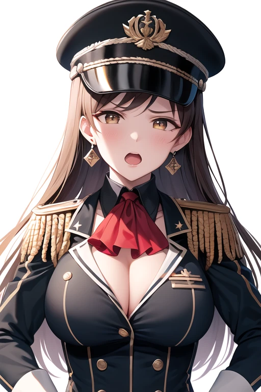 masterpiece, best quality, highres, aanitta, (very long hair), (black peaked cap), earrings, big breasts, cleavage, muscular body, military uniform, epaulettes, badges, (black shirt:1.2), (gold trim), (bulletproof vest), (red ascot), black sleeves, long sleeves, (white gloves),  close-up, standing, (angry facial expression), open mouth, yell, facing the viewer, looking at the viewer, (index finger pointed at the viewer), simple white background