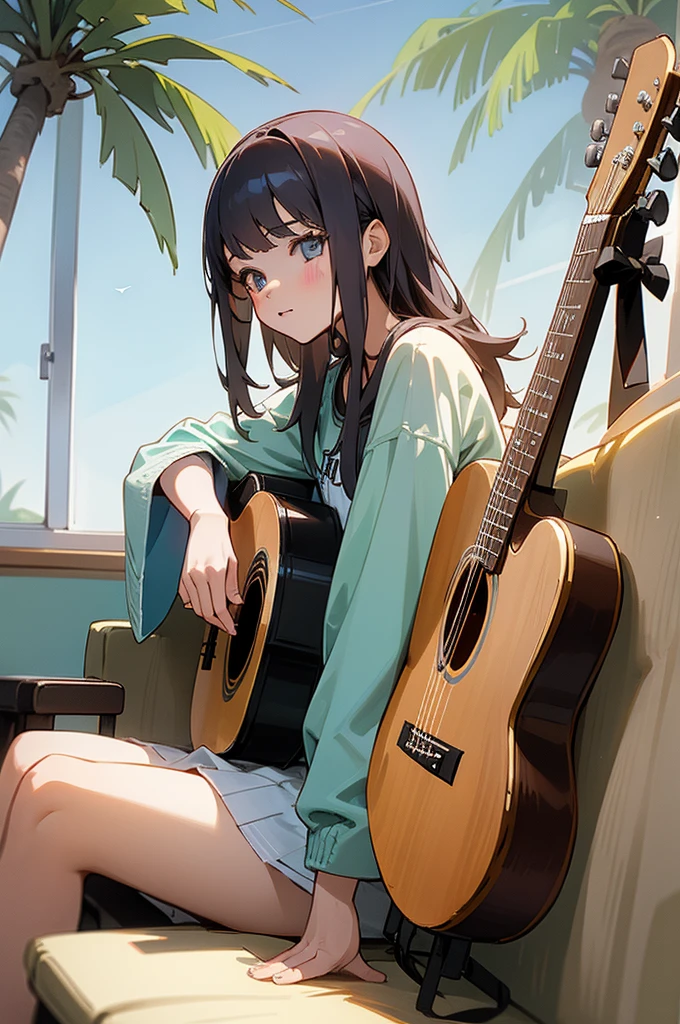 1 girl, sitting down with an acoustic guitar, background inside a house sitting next window that shows LA with palm trees, music album.
