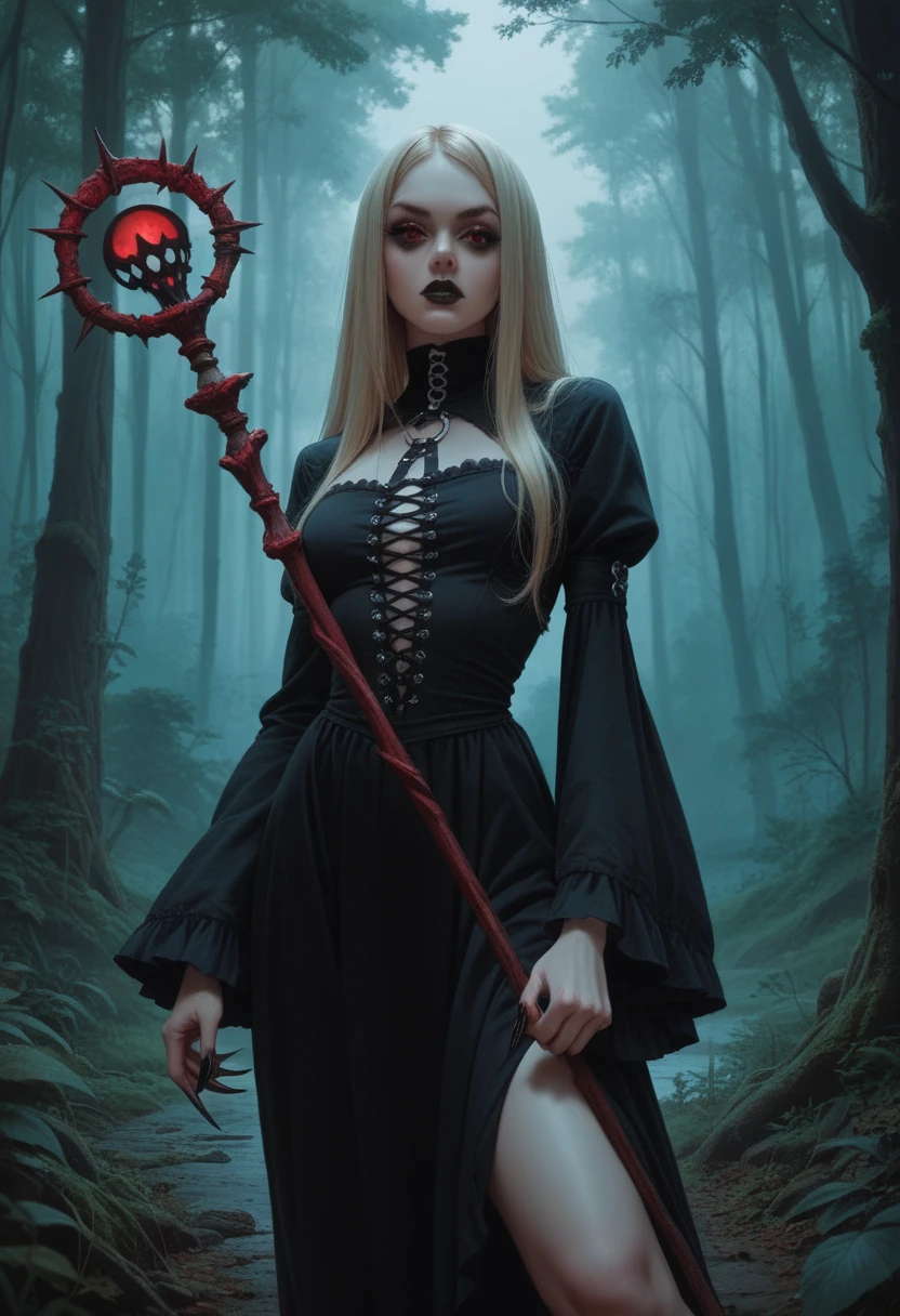 Blonde skin woman,shorth hair,Eyes red,big boobies, gothic,sharp nails,middle ages clothes, holding a staff,forest at night