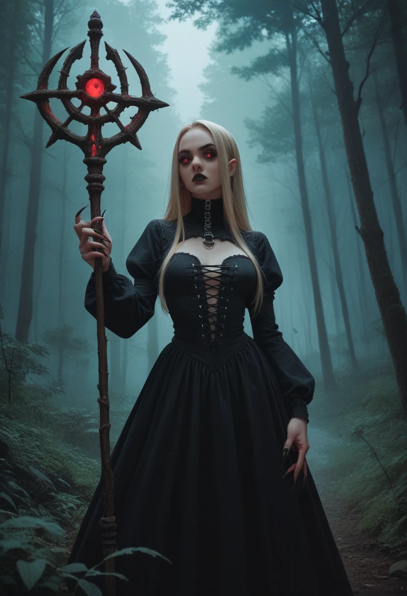 Blonde skin woman,shorth hair,Eyes red,big boobies, gothic,sharp nails,middle ages clothes, holding a staff,forest at night