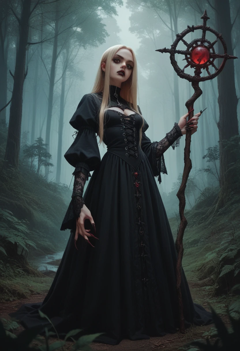 Blonde skin woman,shorth hair,Eyes red,big boobies, gothic,sharp nails,middle ages clothes, holding a staff,forest at night