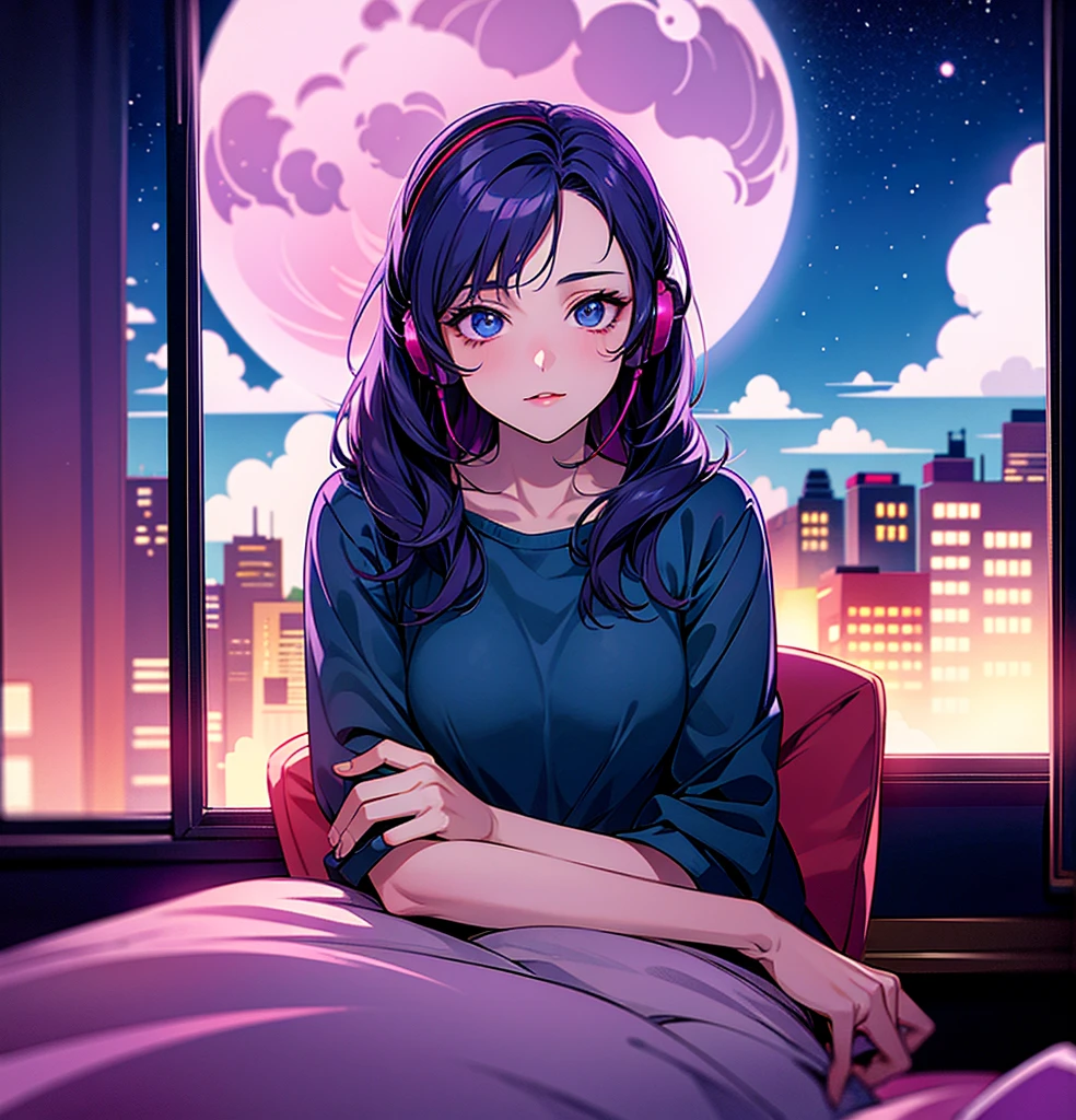1 girl, 90s anime style, night, Studio Room, moon, Girl wearing headphones, late night room, Listening to music alone, City Pop, low quality, Lo-Fi, Chill, late night, Single room, Dark Room, futuristic night view outside the window, Dark Room,Warm lighting