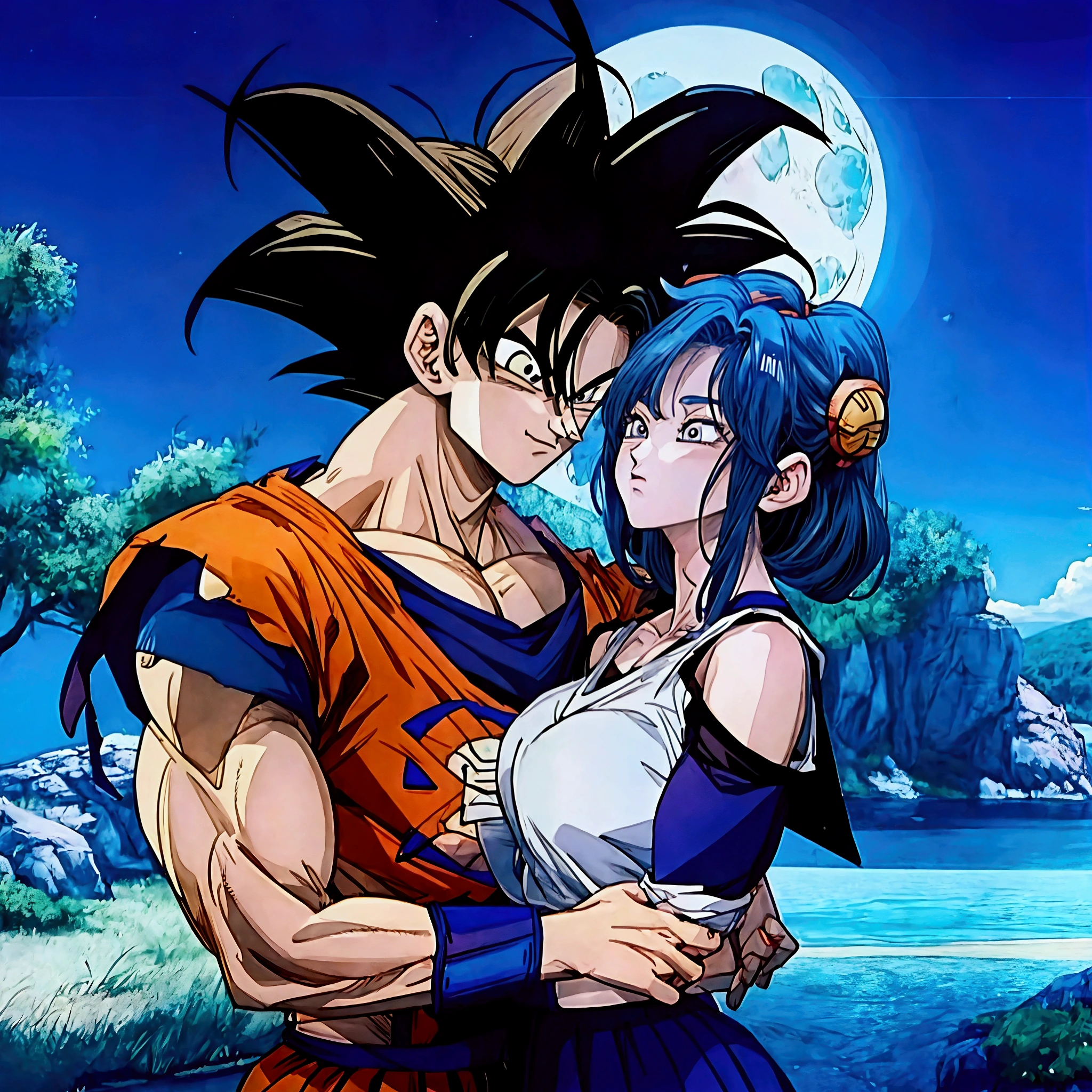 Dragon Ball goku and bulma kissing in the moonlight, estilo Anime 4K, Anime Wallaper, manga wallpaper 4k, high quality artwork, Dragon Ball artstyle, high definition artwork, hd Anime Wallaper, 4k post, 4k post, Anime 4K, Dragon Ball super, Dragon Ball style, Dragon Ball, animated image, 4k anime wallpaper