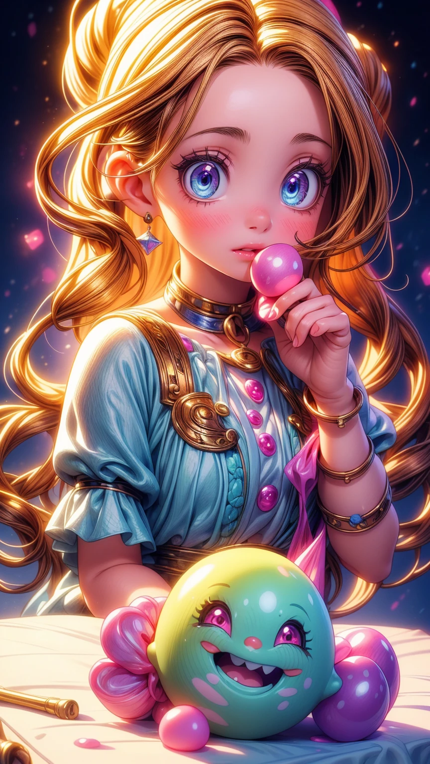 a cute girl playing with a slime,1girl,highly detailed,high quality,realistic,photorealistic,masterpiece,8k,ultra-detailed,hyper-realistic,beautiful detailed eyes,beautiful detailed face,beautiful detailed lips,long eyelashes,studio lighting,extremely detailed,vibrant colors,soft lighting,glowing,colorful,whimsical,fantasy,magical realism