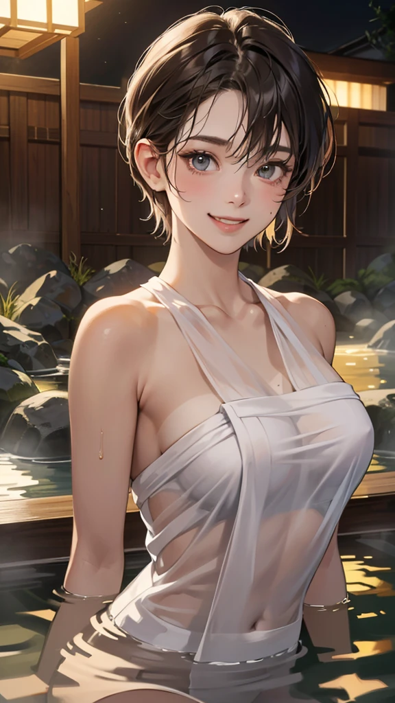 (perfect anatomy:1.2)(absurdres, highres, ultra detailed),masterpiece,best quality,high resolution,8k,Realistic face,Realistic skin texture,magnified textures, stunning clarity,detailed anime girl,(ultra detailed eyes and face),(:1.2),(babyface:1.2)、(very short hair)、tareme,light brown hair:1.2,glamor、short stature,(onsen:1.5),Steampunk in the Edo Period、(Vivid hieroglyph signs and street advertisements:1.2)、(smile:1.4)、hieroglyph,souk、Shopping Street、,(tanned skin:1.3),big breasts,fit body,,round face,(She hides her body with a soaked white bath towel)