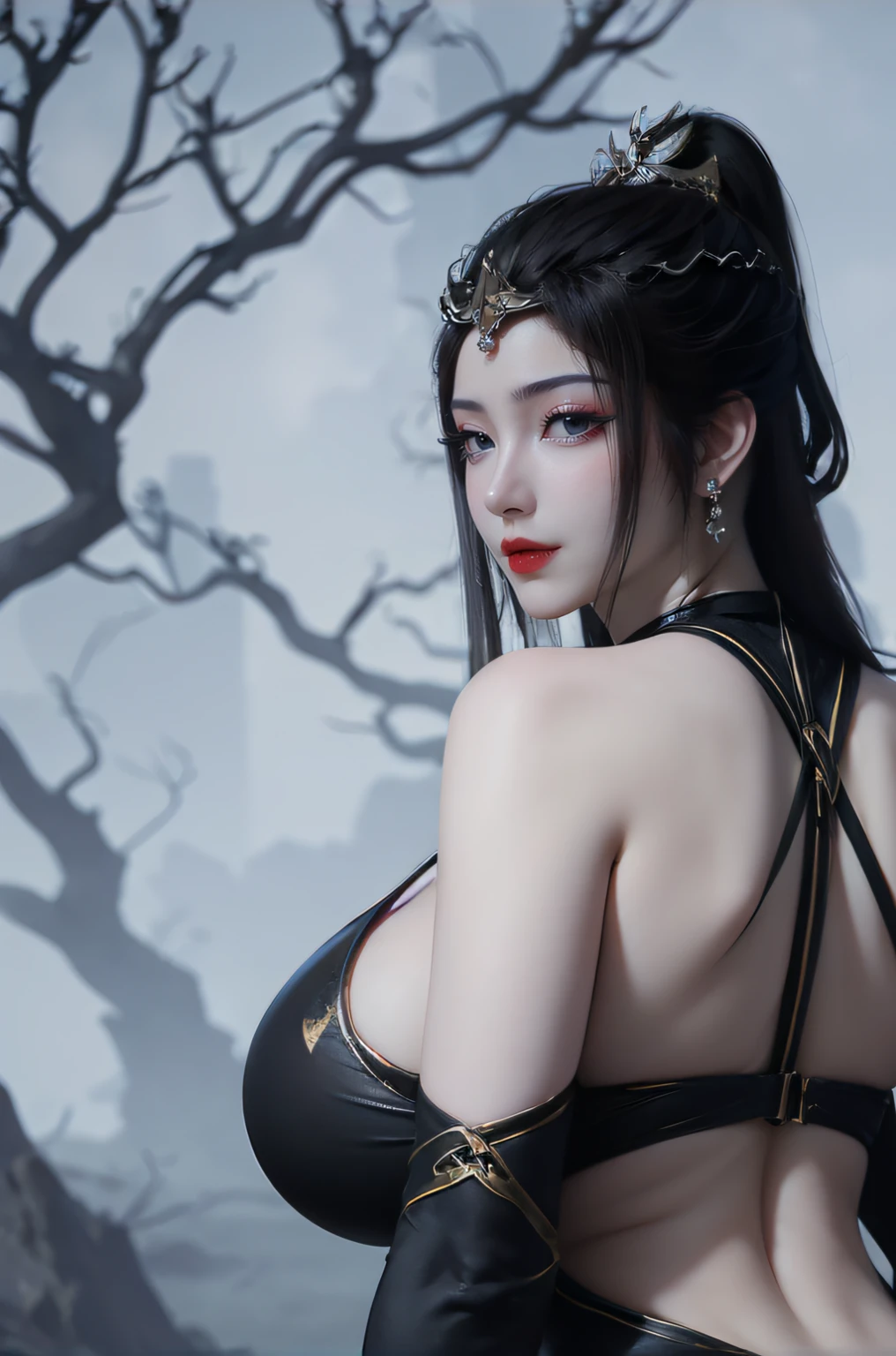 arafed woman in a black dress with a large breast, seductive tifa lockhart portrait, tifa lockhart, full body xianxia, thicc, tifa, wlop glossy skin, character is in her natural pose, portrait of tifa lockhart, inspired by Li Tang, trending on cgstation, wlop art, succubus in tight short dress