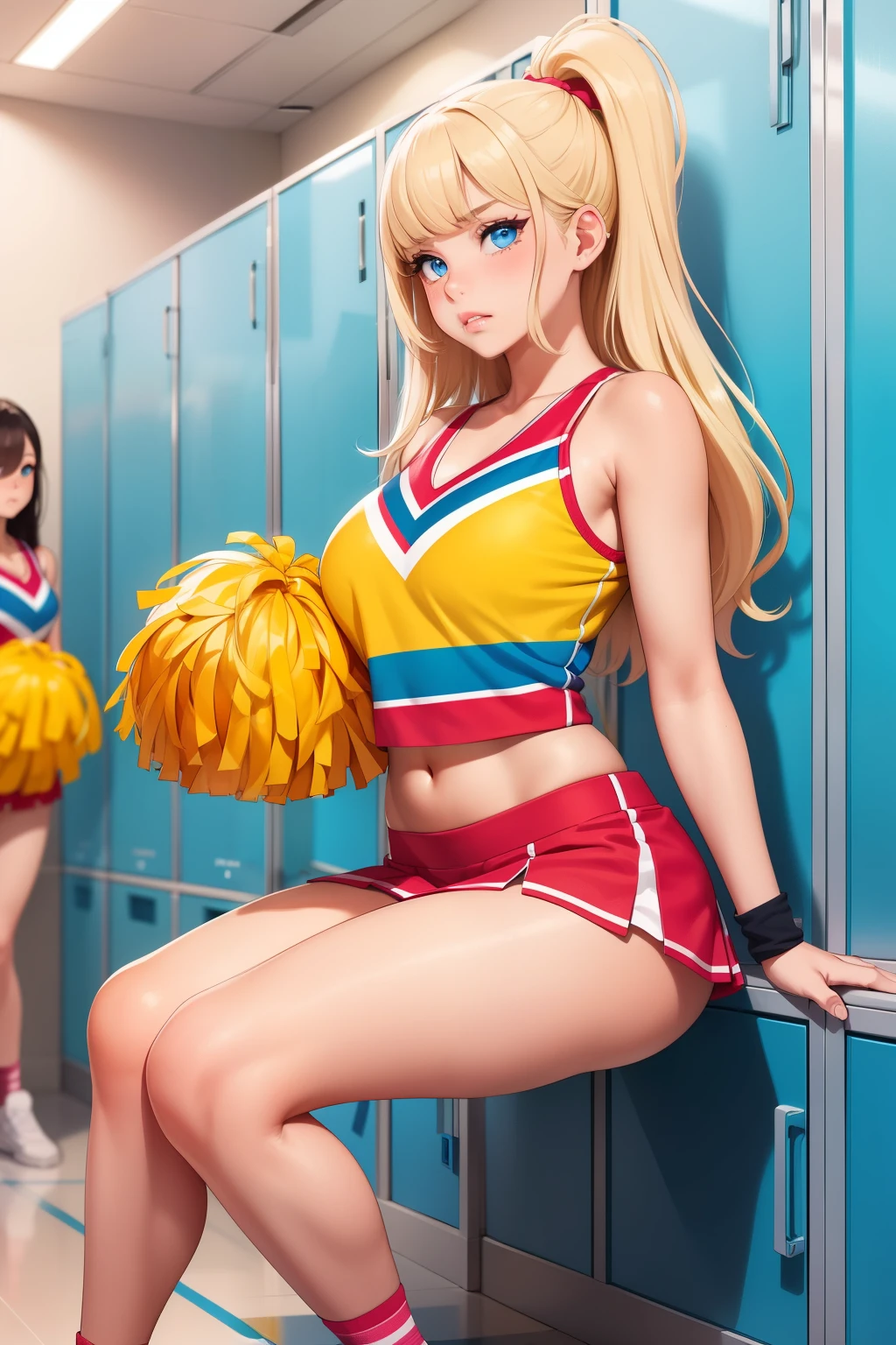 2 girl, cheerleader, mini skirt, long hair, blonde, freckles, green eyes, dildo, riding dildo, vaginal penetration, masturbation