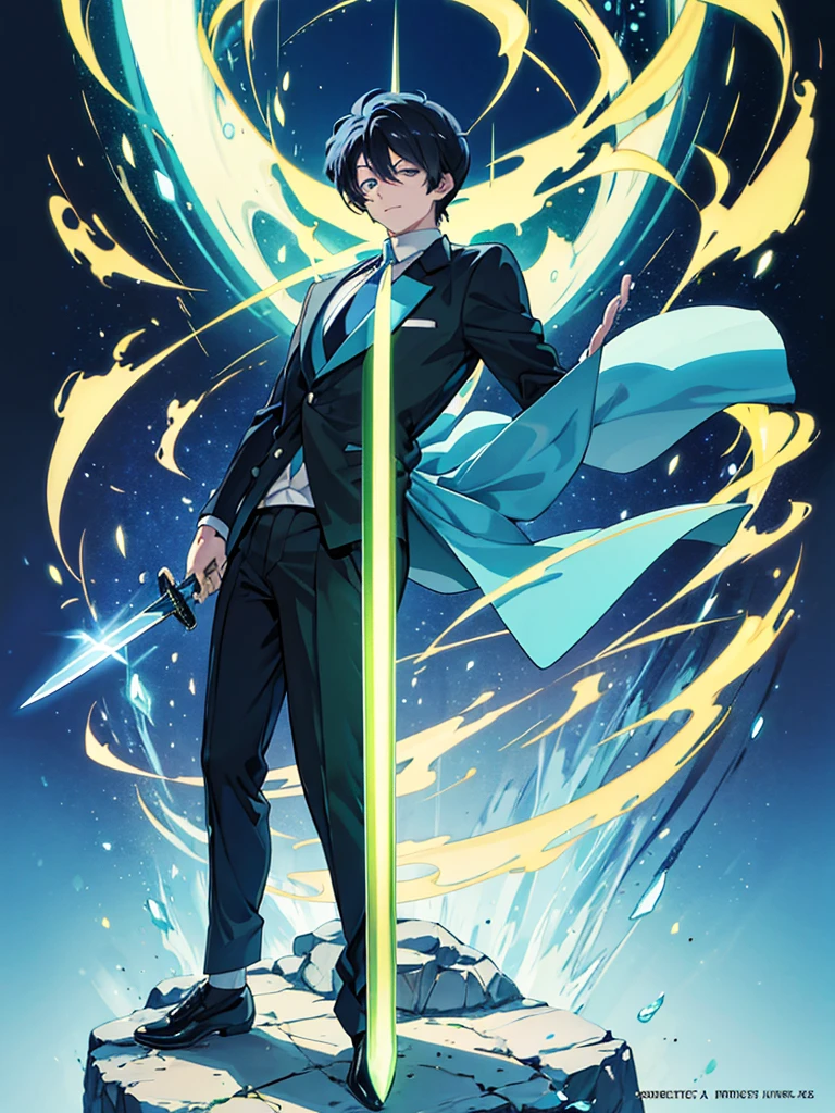 Kaito Ranma's standing picture, solo, a 35-year-old man in a suit, high resolution, high-quality model, black hair, shortcut, standing picture, feet out of the frame, holding a big sword, fluorescent green tie, illustration, anime style, not motivated, fake laugh,