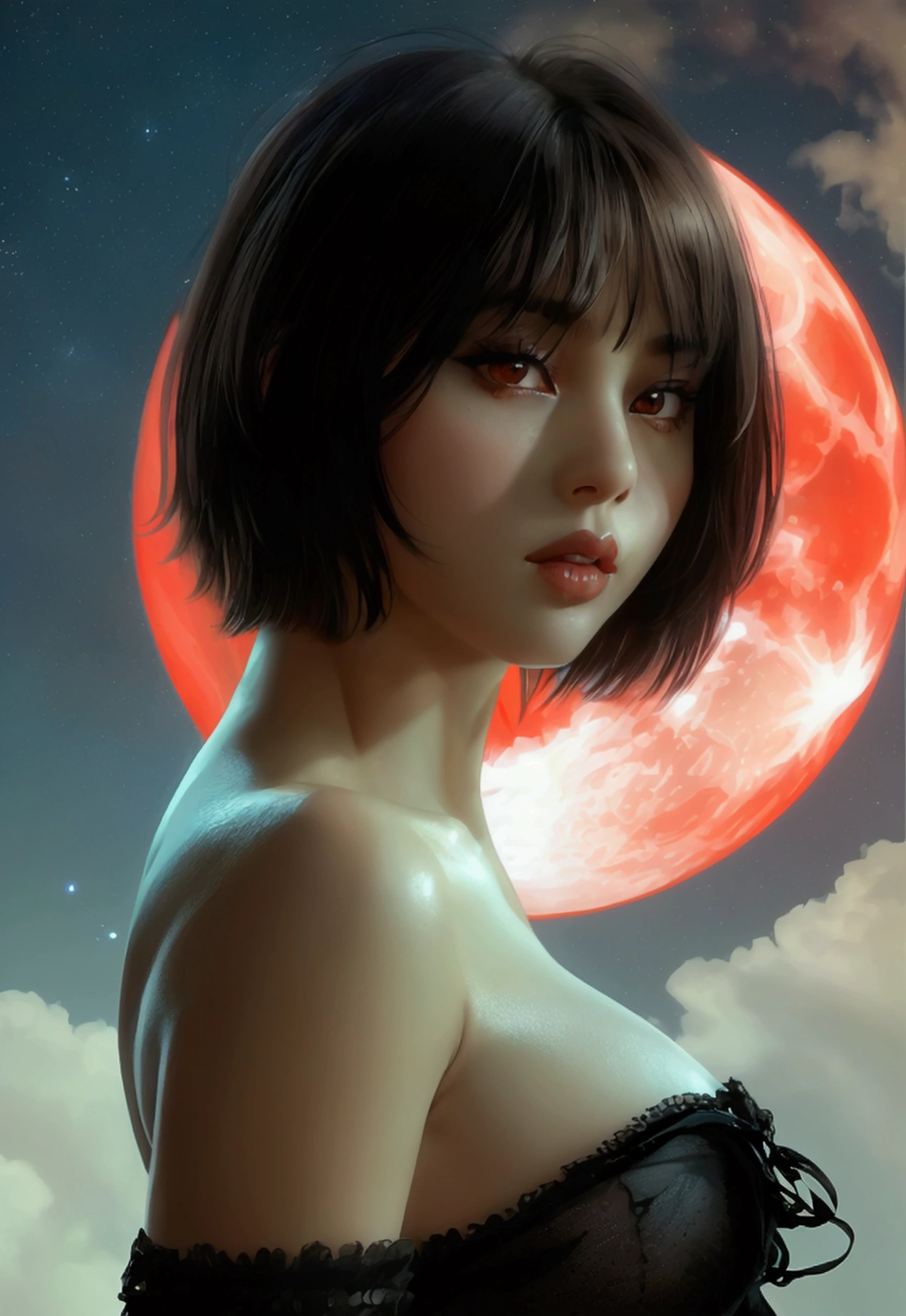 1 chica, nudes , tetona cuerpo esbelto Hermoso rostro, tacones piernas separadas ((ojos blancos)), pose sexy, Luna roja en el fondo, estrellas, espacio, (sala de luz:1.13), Luz tenue, (textura natural de la piel:1.2), (hiperrealismo:1.2), Sharp focus, enfocado,[[Realista]]