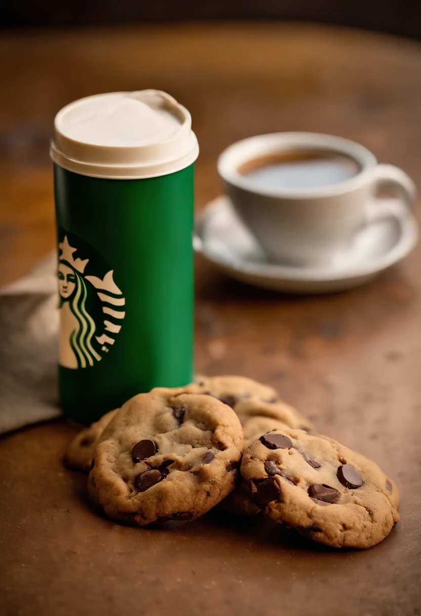 Greasy Cookies with Colorful Chocolate Chips, Scenario (next to a cup of Starbucks coffee), copo de milk-shake, chocolate chip cookie, chocolate brown cookies, fat and chubby cookies, chubby cookies(next to a cup of Starbucks coffee, Milkshake ), realisitic, 4K, photo by the best photographer in the world, best quality, optical zoom, store in a Shopping, Fat brown chocolate chip cookies with colorful chocolate chips, Shopping, Depth of field? Ultra definition