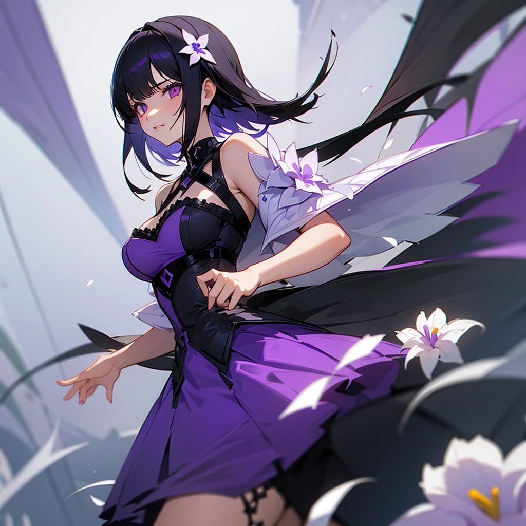 1 girl with black hair and purple eyes is wearing a violet strappy dress with white flowers. She is at UA school
