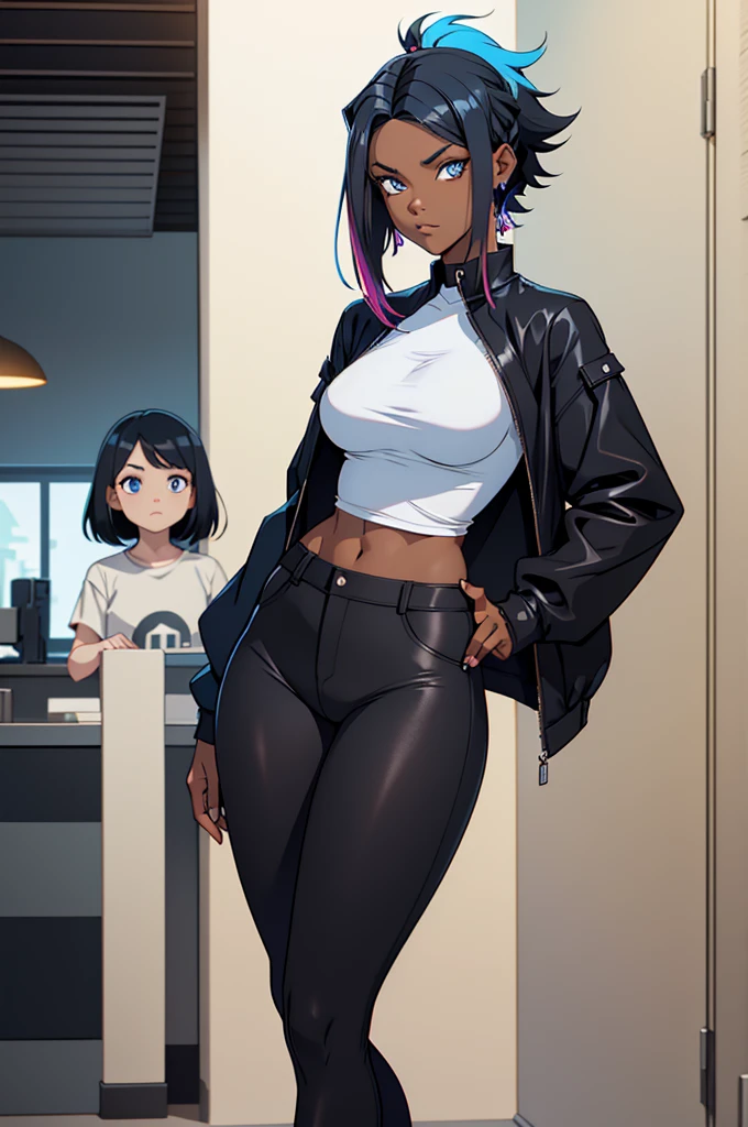 dark skin,1 girl,((multicolored hair, black hair, blue hair)), 1 girl, two-tone hair, black on top, white on bottom 1 gilr, ,perfect anatomy girl muscular girl toned body girl large breasts girl thick girl angry girl best quality girl black hair girl yellow eyes girl pale girl pale girl,linda mulher morena, musculosa , usando short legging withe, meia calça preta, cabelo curto, belos olhos, olhos lindos, amarelos, camisa branca, jaqueta de couro preta, shorts, short legging white, cidade beco escuro pantyhose black, two-tone hair, black on top, white on bottom

two women, mother and daughter, 35 year old mother and 25 year old daughter, mother's black hair, daughter's blue hair, mother's blue eyes, daughter's purple eyes, baggy clothing


