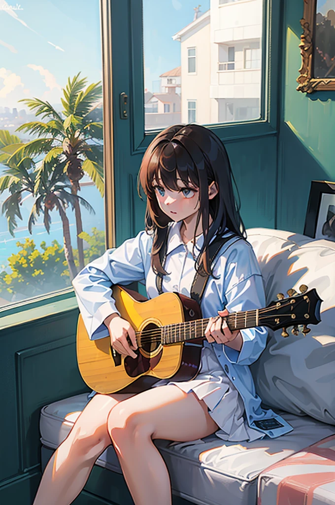 1 girl, sitting down with an acoustic guitar, background inside a house sitting next window that shows LA with palm trees, music album.