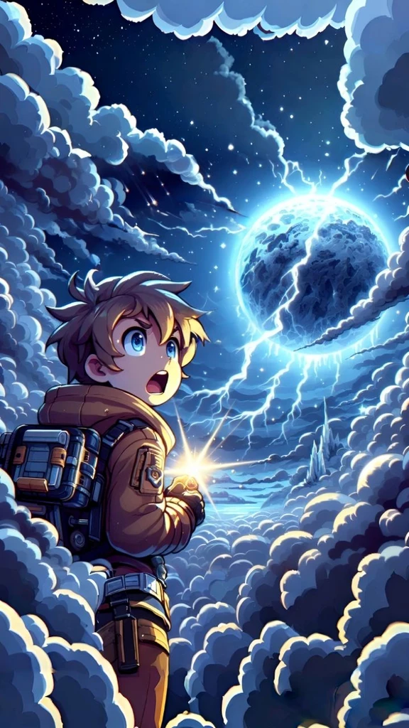 A teenager boy, illuminated by the light of their high-tech device, looks up in shock at the sky where a massive frozen planet hovers. The atmosphere is charged with the intensity of an approaching storm, dark clouds roiling and lightning dancing across the scene, fantasy world, dark background, clean design, epic, artstation, colorful paint splatter, silhouette, hyper detailed intricate details, unreal engine, fantasy, splash screen, complementary colors, deviantart masterpiece, oil painting, heavy strokes, paint dripping, indifferent expression
