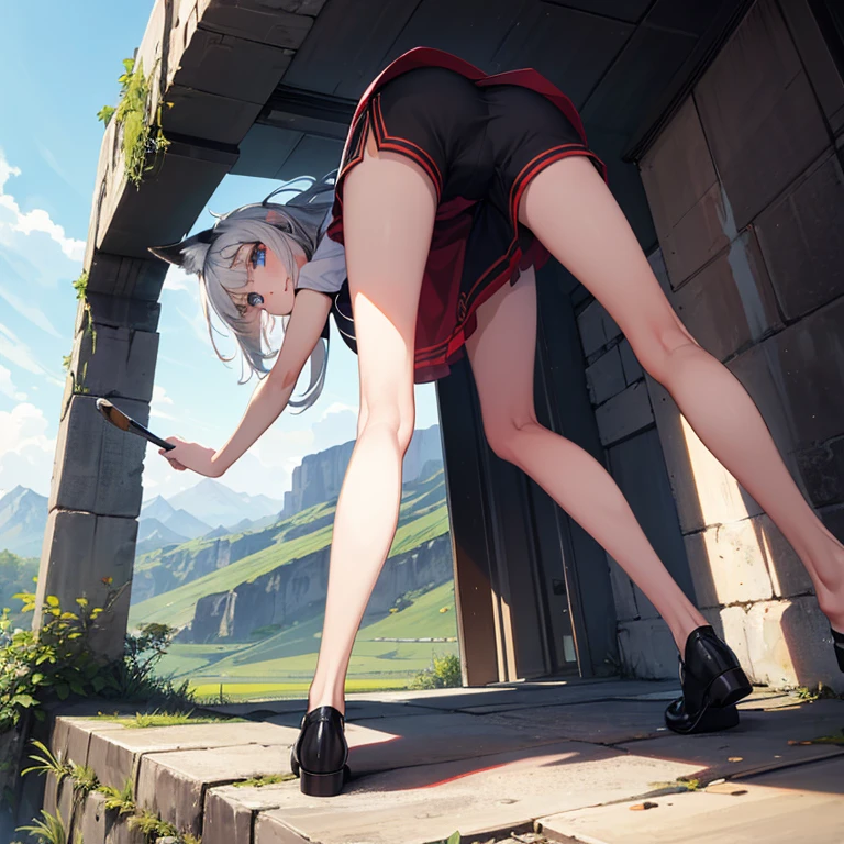 (8k, Realistic, RAW Photos, Highest quality, (from below:2), View your viewers: 1.3), (Fox Girl, Fox Ears, Silver Hair, One Girl, Long Hair, (Alone on the screen, dark skin), High definition:1.6), (Bikini Armor:1.8), (Body measurements are 99-55-77!, Height: 145cm, Nice body, Big Breasts, slender, muscle, (Stand with your legs apart, I can see the valley, bent over):1.9),(美しいface, Delicate drawing, It is written down in detail), Avatar, face, 色っぽいface, Dominant representation, naughty face, Uplifting, Skin Texture, outside, ruins, Ruined City, Broken Building, There are no people