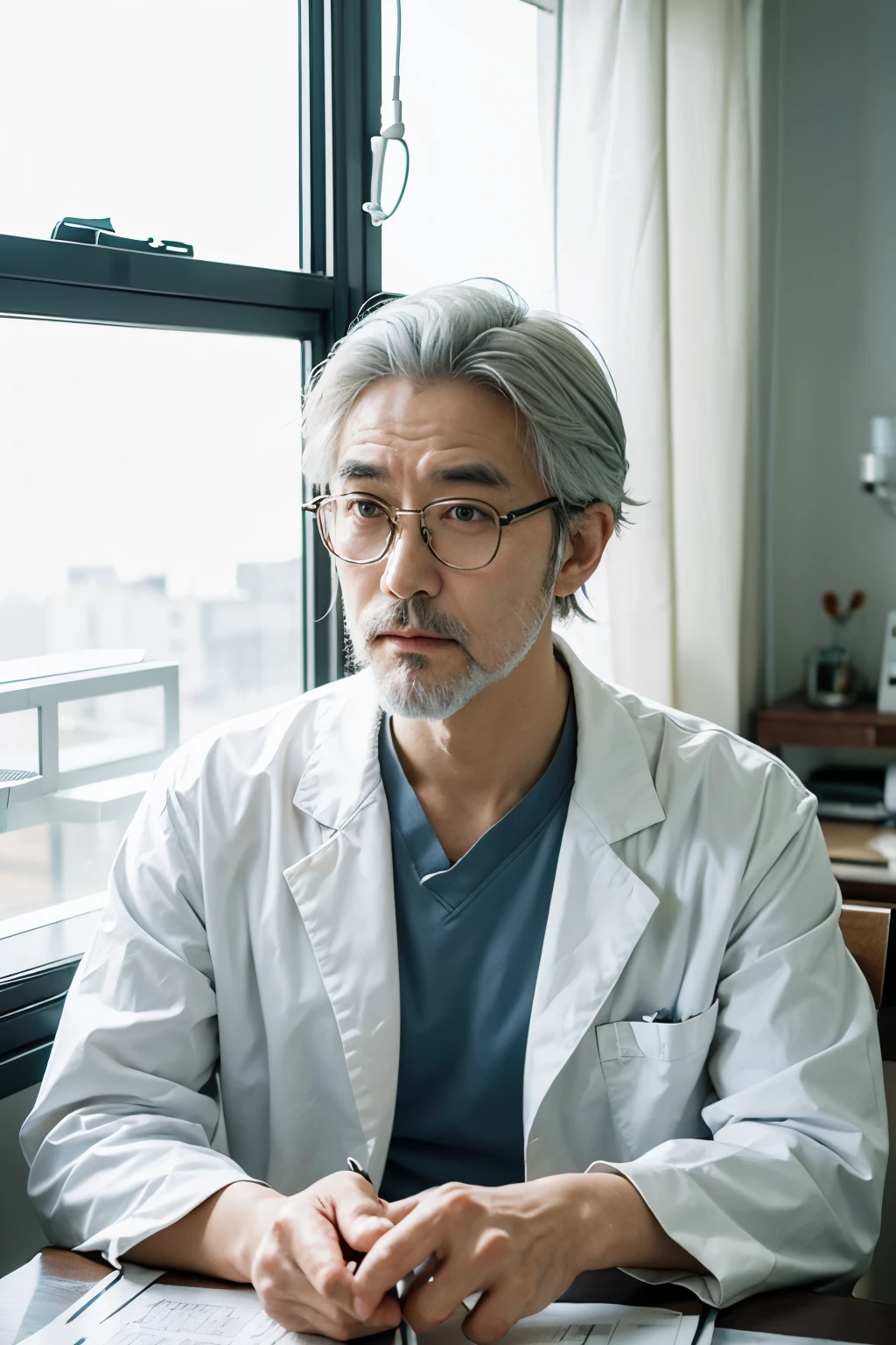 Elderly Japanese male doctor、White hair and beard、Wearing horn-rimmed glasses、Facing the patient with a calm expression、Wearing a white coat and light blue shirt、Put a stethoscope around your neck、Sit at a desk、Filling out the medical record、Bright examination room by the window、Soft natural light、A professional and trustworthy atmosphere、High key lighting、4K resolution、Sharp and realistic imageedical consultation scene、Vivid depiction of every detail