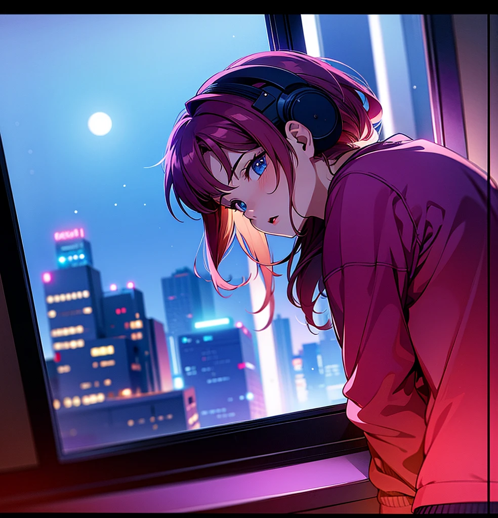 1 girl, 90s anime style, night, Studio Room, moon, Girl wearing headphones, late night room, Listening to music alone, City Pop,Lo-Fi, Chill, late night, Single room, Dark Room, futuristic night view outside the window, Dark Room,Warm lighting