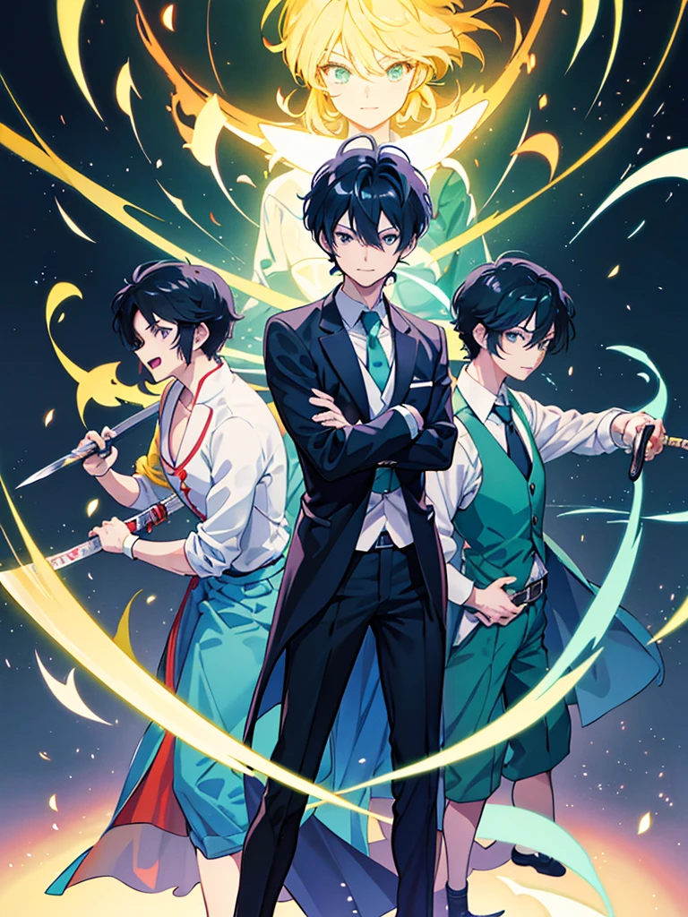 Kaito Ranma's standing picture, solo, a 35-year-old man in a suit, high resolution, high-quality model, black hair, shortcut, standing picture, feet out of the frame, holding a big sword, fluorescent green tie, illustration, anime style, not motivated, fake laugh,