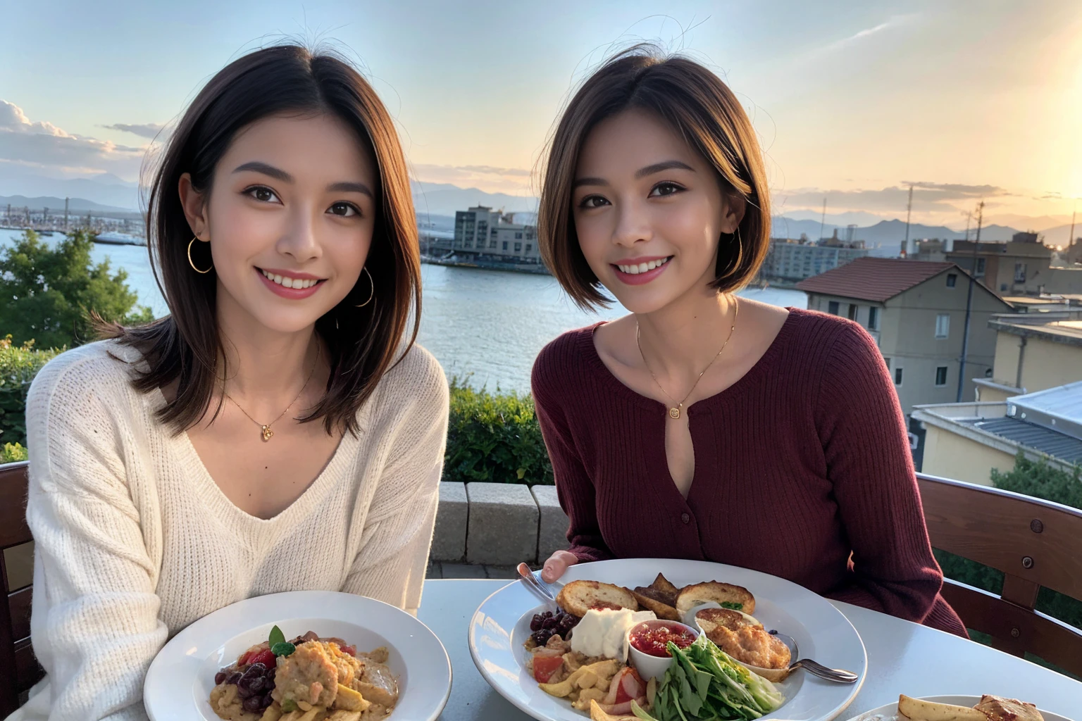 (Realistic:1.1),(masterpiece,Highest quality),8k,(49 years old), 53 years old, slimカップル、Tight waist,Upper Body,full-course dinner、wine 、Amazing view of the sunset sky and clouds、Perfect Anatomy, Brown Hair, short hair,Random Hairstyles,((Highly detailed face and eyes:1.2)),Perfect golden ratio face,Long sleeve shirt、dress,(smile:1.2)、Shortcuts、cute、(Realistic, Intricate details:1.2), A bright smile、short hair,Bright Face、赤wine 、Appetizers、Italian food、wine bottle、Champagne、スパークリングwine、(slimな顔), (The body is slim), (Brown Hair), (Shortcuts), Upper Body, 白wine, slim, wineグラス,