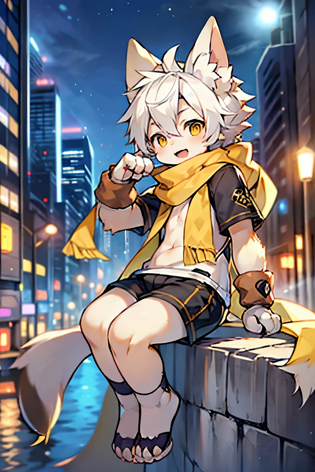 Fox Boy,Furry boys,Baby characteristics,White hair,Yellow skin,White Arm,scarf,shorts,City
