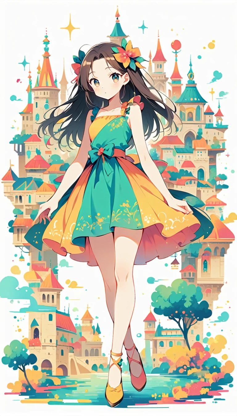 White background, Watase Seizo style, Assassin, Simple line initials, shining pupils, (((The Most Beautiful Girl))), 18 years old, palace background, vivid colors, whole body