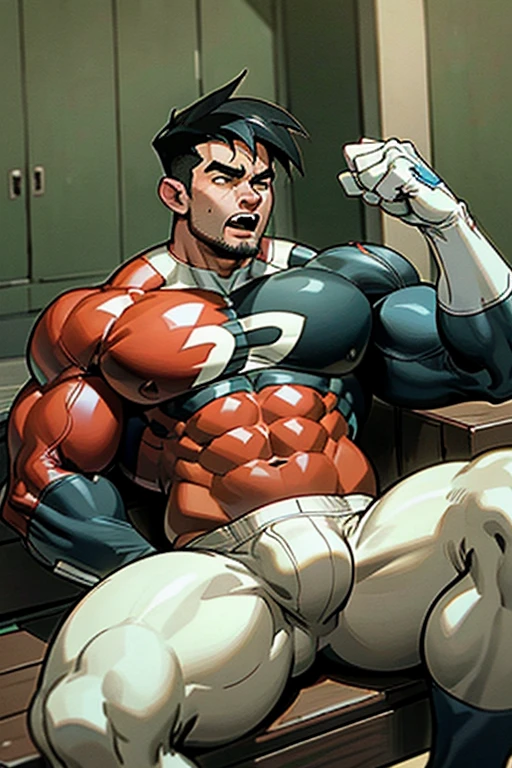 Danny Fenton in a locker room sitting on a wooden bench with brainwashed football jocks sitting on either side of him as he struggles not to be brainwashed as he is assimilated into their team. Turning into stereotypical football jock just like Dash Baxter. Black hair partially turned blonde. hyper muscles. Big biceps. Big triceps. Big traps. big lats. big deltoids. Big meaty pecs. Swollen crotch bulge. Tenting crotch. Open mouth. Sneer. Cocky smirk. IQ drain. Dumber and dumber. big dumb jock. Jock assimilation. Hypnosis. Hypnotic trance. Brainwashing. Brainwashed. Hypnotized. Entranced. Jock assimilation. Jock conversion. Meathead. Musclehead. Brute. Bro. "Feeling ... funny, but.... Focus, Danny! I have to resist. Have to ... break free.... Have to ... have to..... I ... m-must.... I ... must...." Speaking in a dull monotone as he falls into trance. "I must grow.... I must join the team.... I must conform.... I must obey.... Be a bro.... I must flex.... Must work out.... Love working out.... Get pumped.... Pump muscle up.... Pump brains out.... Bigger and bigger.... Dumber and dumber.... Don't think.... Hate smarts.... Just a big ... dumb ... jock.... Must grow big.... Must be dumb.... like Dash.... Dumb jocks rule.... We suck at school.... To every nerd, we must be cruel...." Sneering. Smirking. Cocky. Football uniform. Cleats. Shoulder pads. Jockstrap. Dash stands next to him and smirks while saying, "That's right, Fenton. You're one of us now. Let's go give some nerds a wedgie."