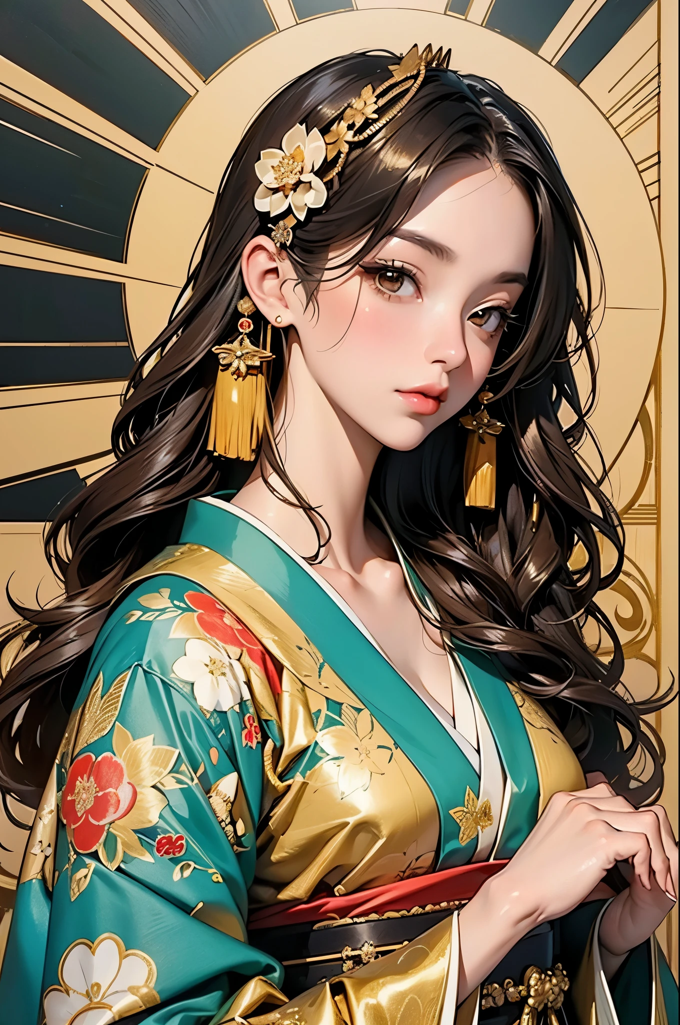a woman in a golden kimono dress with a gold halo, japanese goddess, chie yoshii, elegant japanese woman, portrait of a beautiful geisha, intricate geisha kimono, japanese art style