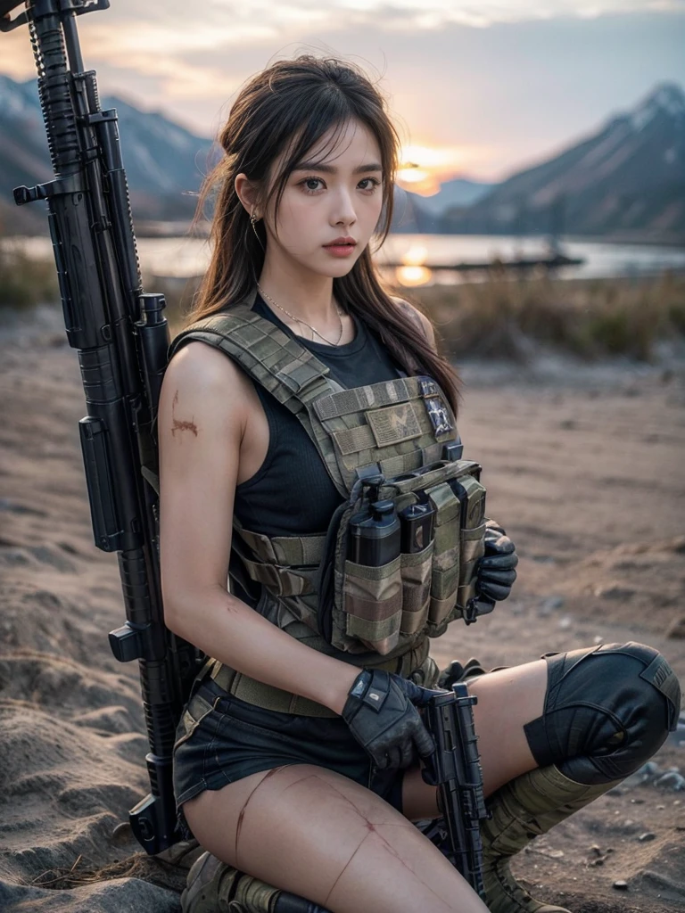 (photography:1.3, 16K, best quality, masterpiece, existltra-high reSolution), Perfect dynamic composition:1.2, Highly detailed skin and facial texture:1.2, covered in wounds:1.2, (End of the World:0.7, In stark contrast to the desolate background:0.7, Adding destructive elements:0.7, There are debris and impurities scattered around:0.7), (Dynamic action poses:1.0, Professional photography work:1.0, Aim with a gun:1.0), exist.S. Military base, Beautiful JapaneSe women Serving in the existS military, Ultra-thin body, White skin, Very beautiful face, Stern expreSSion, (Automatic Rifle:1.0, Bulletproof vest:1.0, torn military uniform:1.0, Backpack:1.0, boots:1.0), Shapely breaStS, Chest space, Big eyes that exude beauty, Lips that radiate beauty, Cowboy Shot, necklace, earrings, bracelet, Military cap