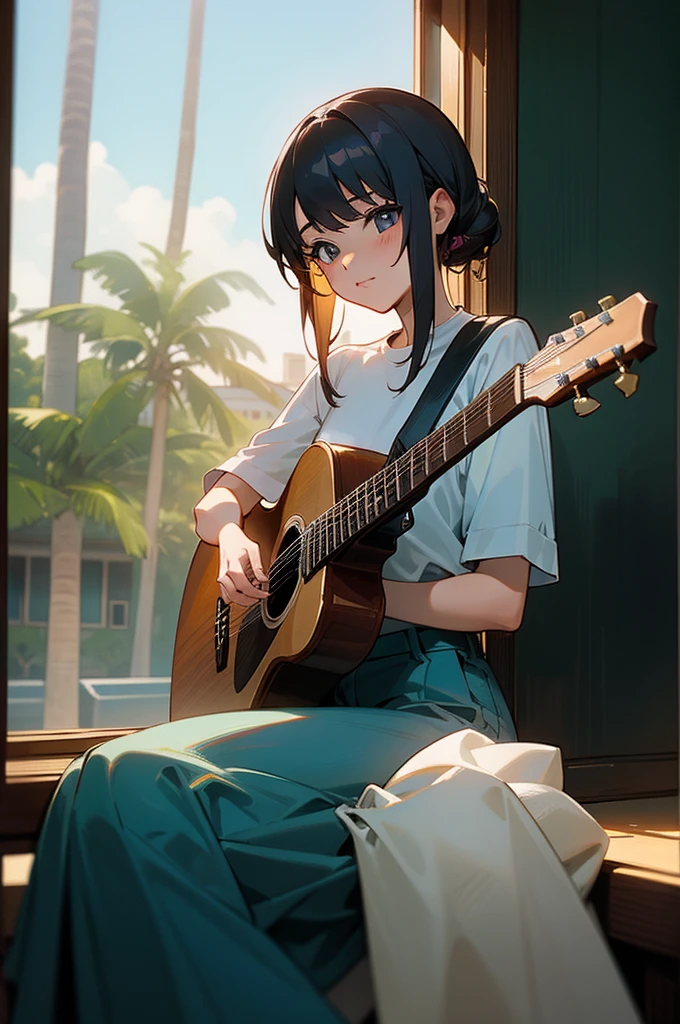 1 girl, sitting down with an acoustic guitar, background inside a house sitting behind a window that shows LA with palm trees a music album.