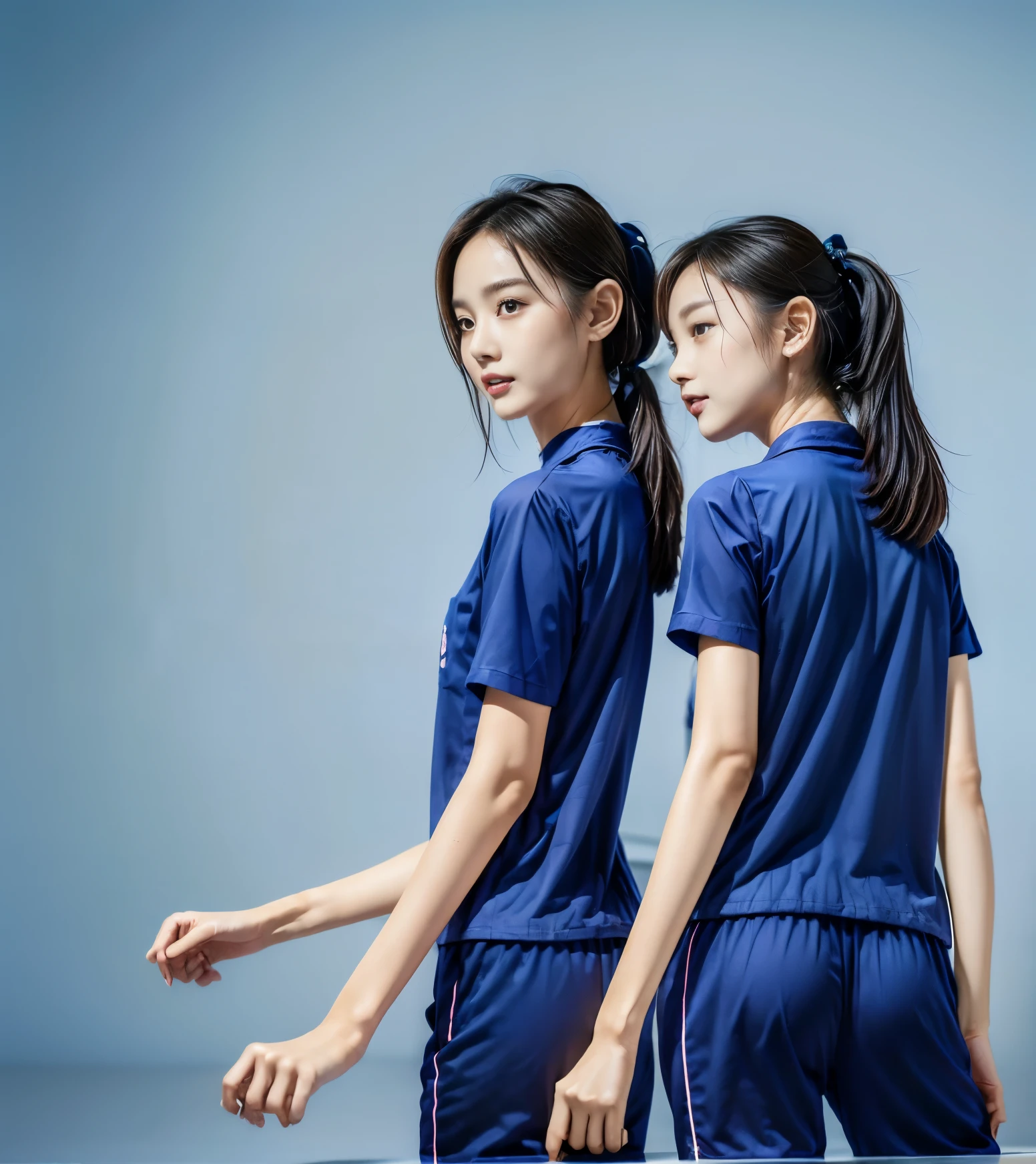 (best quality,10,10,height,Masterpiece:1.2),Special details,(realistic,ภาพrealistic,Realistic photos:1.37),1 Cute girl in the kitchen,shiny, ผิวshiny,only,smile softly,BDclothelue shirt:1.3)),short sleeve,shirt, กางเกงขาlong.,(navy_long_track pants:1.1), ((Kitchen Background)),Dynamic angle,excited,Face focus,dynamic poses,from behind,focus on ass,Masterpiece, best quality, ultra realistic, hyper detail, 8k resolution, raw photos, Sharp focus, ((Navy blue shirt:1.1)), short sleeve, เส้นทางlong, perfect body, 2 mature women, 18 years old, Cinema-grade lighting system,blue sweatpants,shirtผ้าออกกำลังกาย,correct anatomy,perfect body, correct body, Sharp face, correct bodyทางกายวิภาค, full body, realistic gestures, long-haired, realistic poses,Wear long shorts...........................,ช่วงขาlong,Good shape,carved girl, Slender figure, model, Good shape, beautiful body,blue sweatpants, two girls kissing
