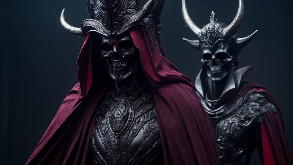 Deity, ancient being, tall, horns forming a crown, alien, humanoid body, omnipotent, semi-naked, long violet-black and red cloaks partially cover the body, skull for head, fissures for eyes, head uncovered.