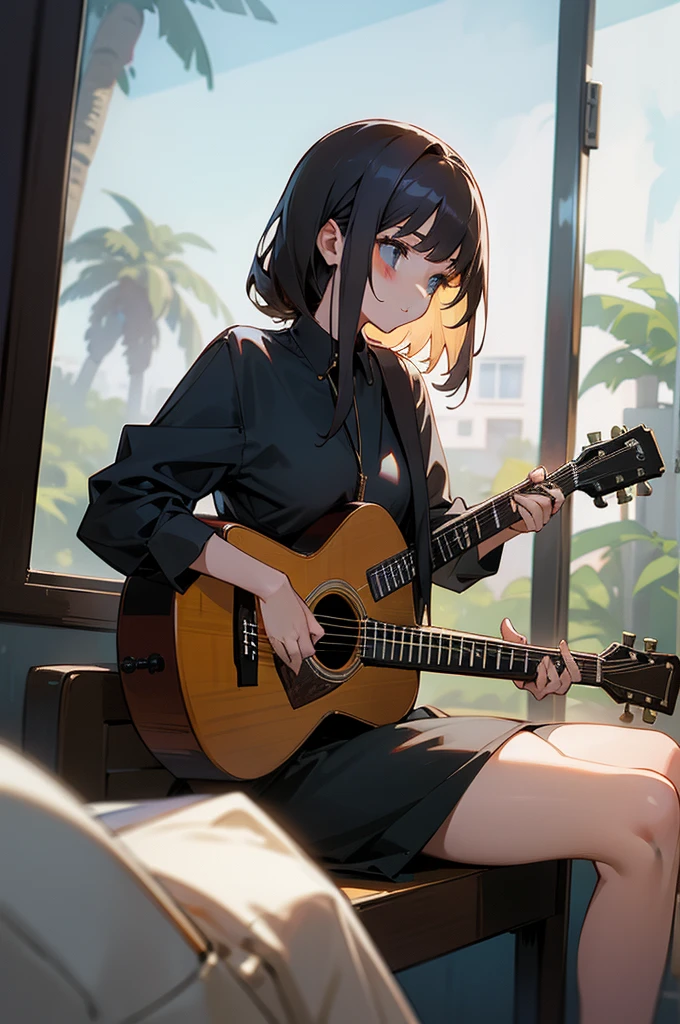 1 girl, sitting down with an acoustic guitar, background inside a house sitting behind a window that shows LA with palm trees a music album.
