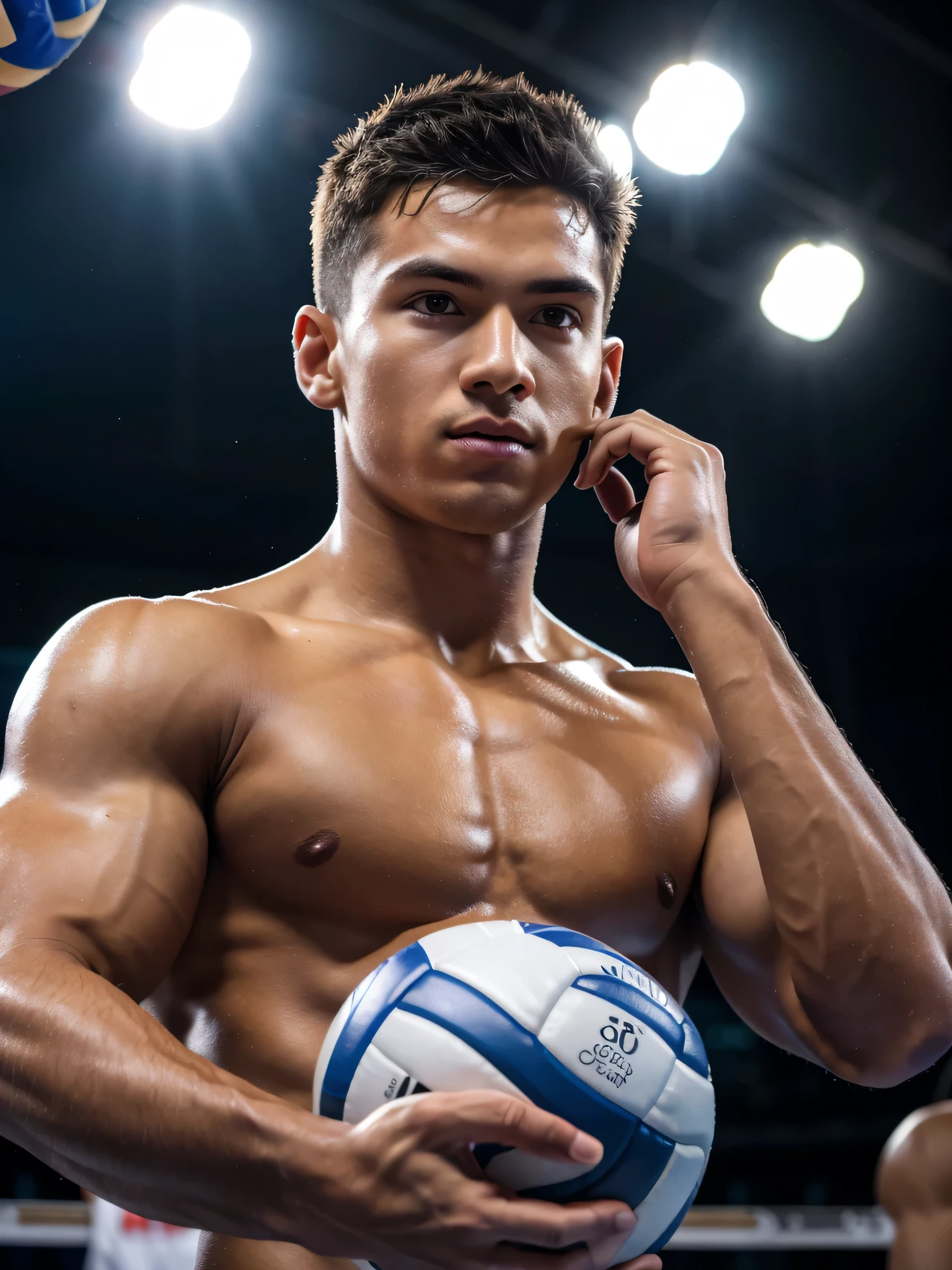 (1boy, photorealistic:1.4, ultra realistic, masterpiece:1.2, best quality, 4k), young olympic male volleyball player playing a game of volleyball, spiking the volleyball, photo from the olympic games, detailed face, ultra realistic skin, Olympic Games, shot on Nikon d850 50mm, dlsr, RAW, cinematic lighting, 3 point lighting, flash with soft box