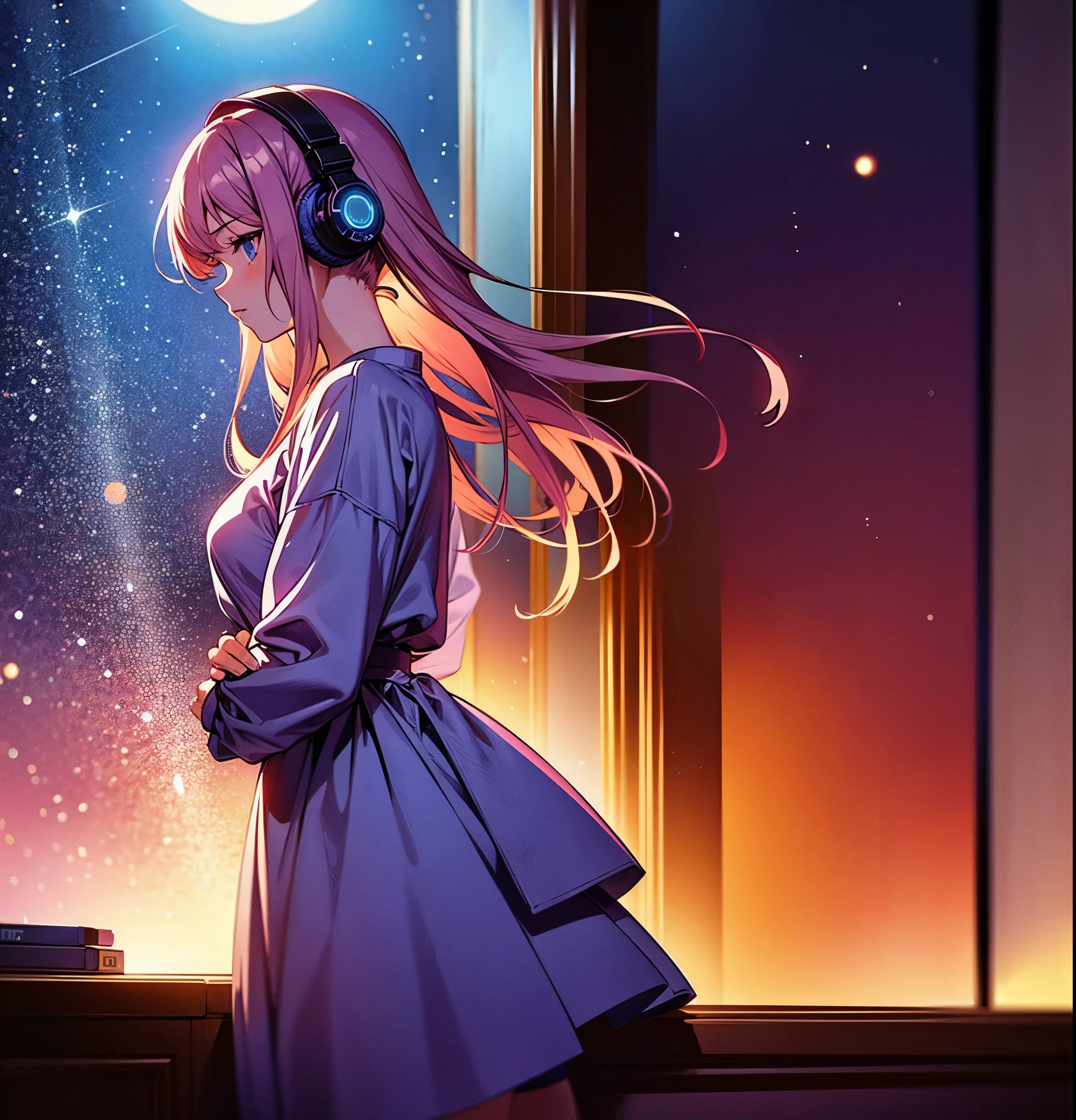 1 girl, 90s anime style, night, Studio Room, moon, Girl wearing headphones, late night room, Listening to music alone, City Pop,Lo-Fi, Chill, late night, Single room, Dark Room, futuristic night view outside the window, Dark Room,Warm lighting