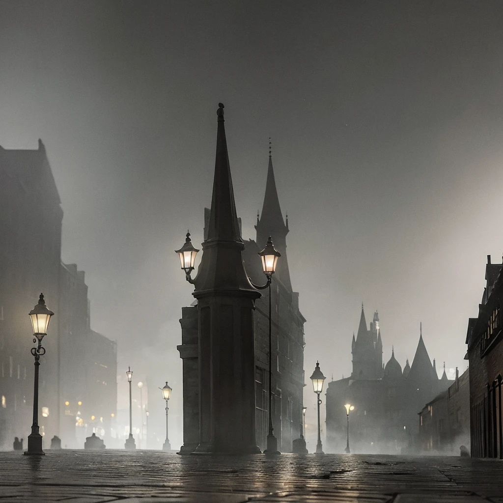 Dark empty street, dim ancient lanterns, stone pavement, rough brick black buildings, A dim whitish ghost glides above the ground along the street, gloomy atmosphere, the night, mist, Cold dim moon, Minimum vegetation, artstyle, Elaborate details, Grain
